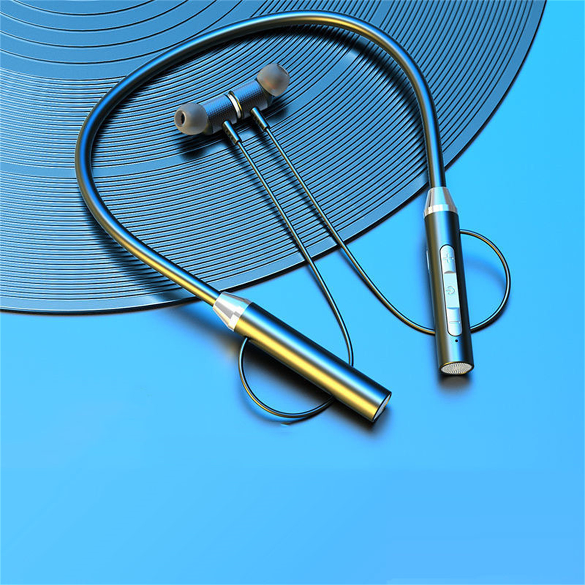 Ein blau getöntes Bild zeigt ein schwarzes kabelloses Nackenband-Headset mit Ohrhörern und Bedientasten. Der Hintergrund ist blau.