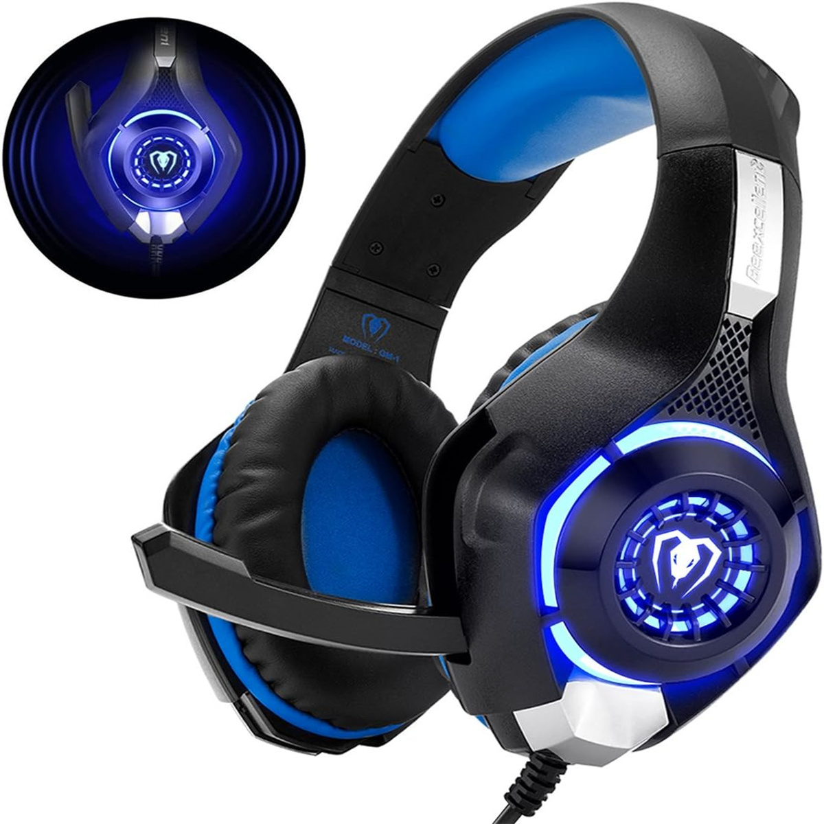 Schwarz-blaues Gaming-Headset mit Mikrofon. Blau leuchtende Lichter auf den Ohrmuscheln.