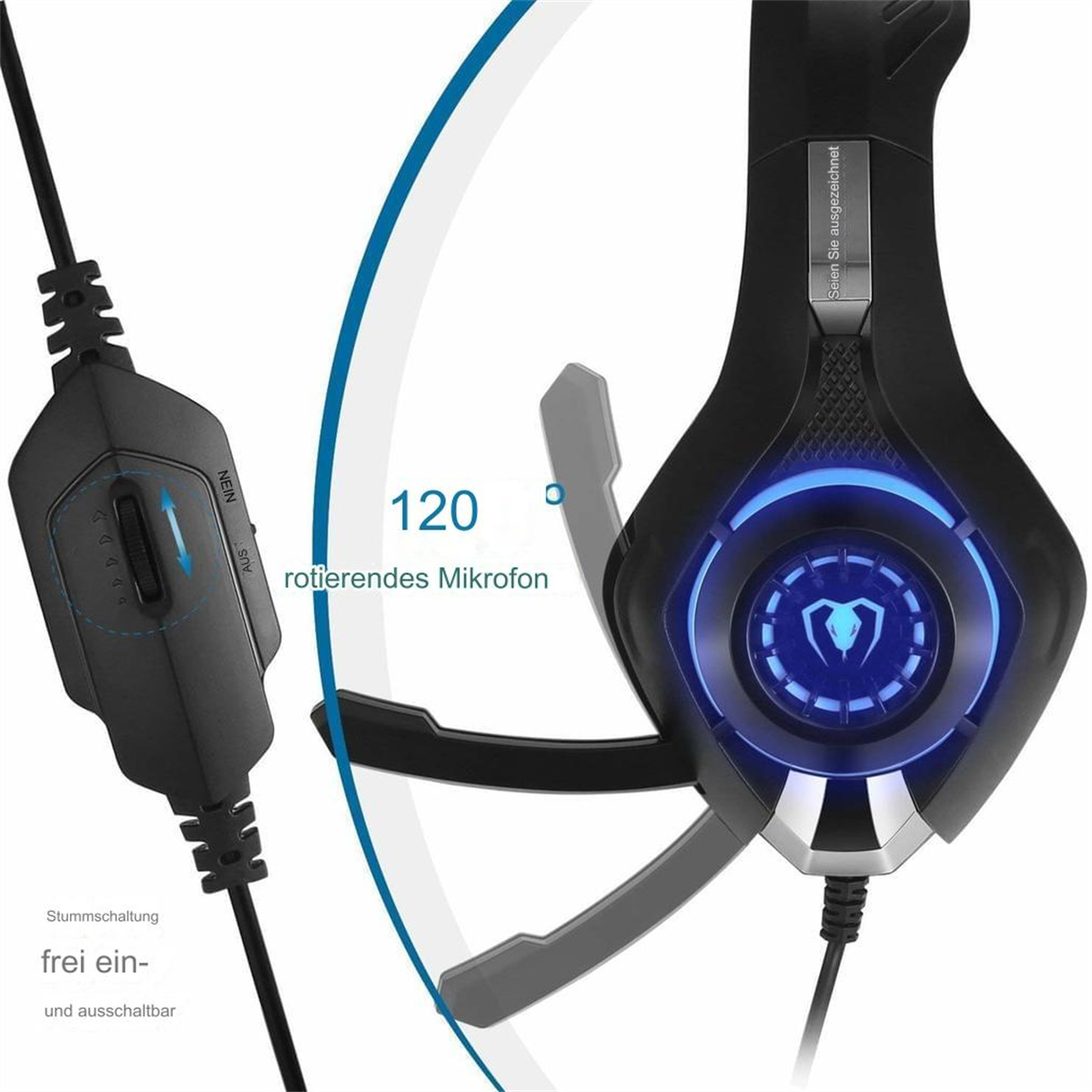 Schwarzes und graues Headset mit Mikrofon und Text, mit blauem und weißem Hintergrund.