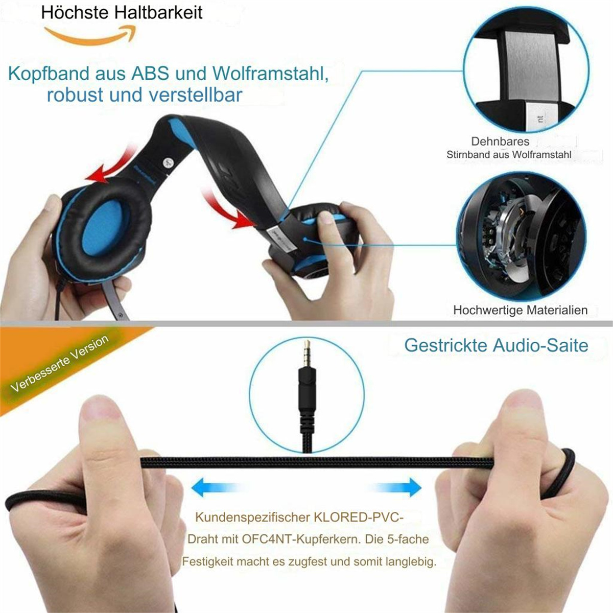 Ohrhörer und Silikonspitzen werden gezeigt. Ebenfalls gezeigt werden Ohrhörerhalter und ein Kabel.