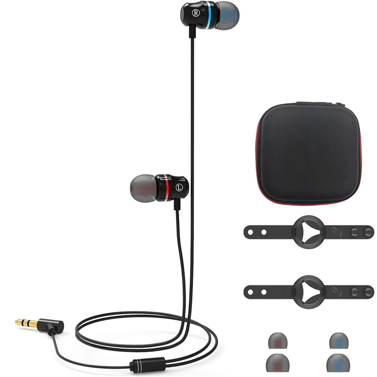 In-Ear-Kopfhörer mit Zubehör. Schwarzes Etui, Ohrstöpsel und Kabel-Organizer.