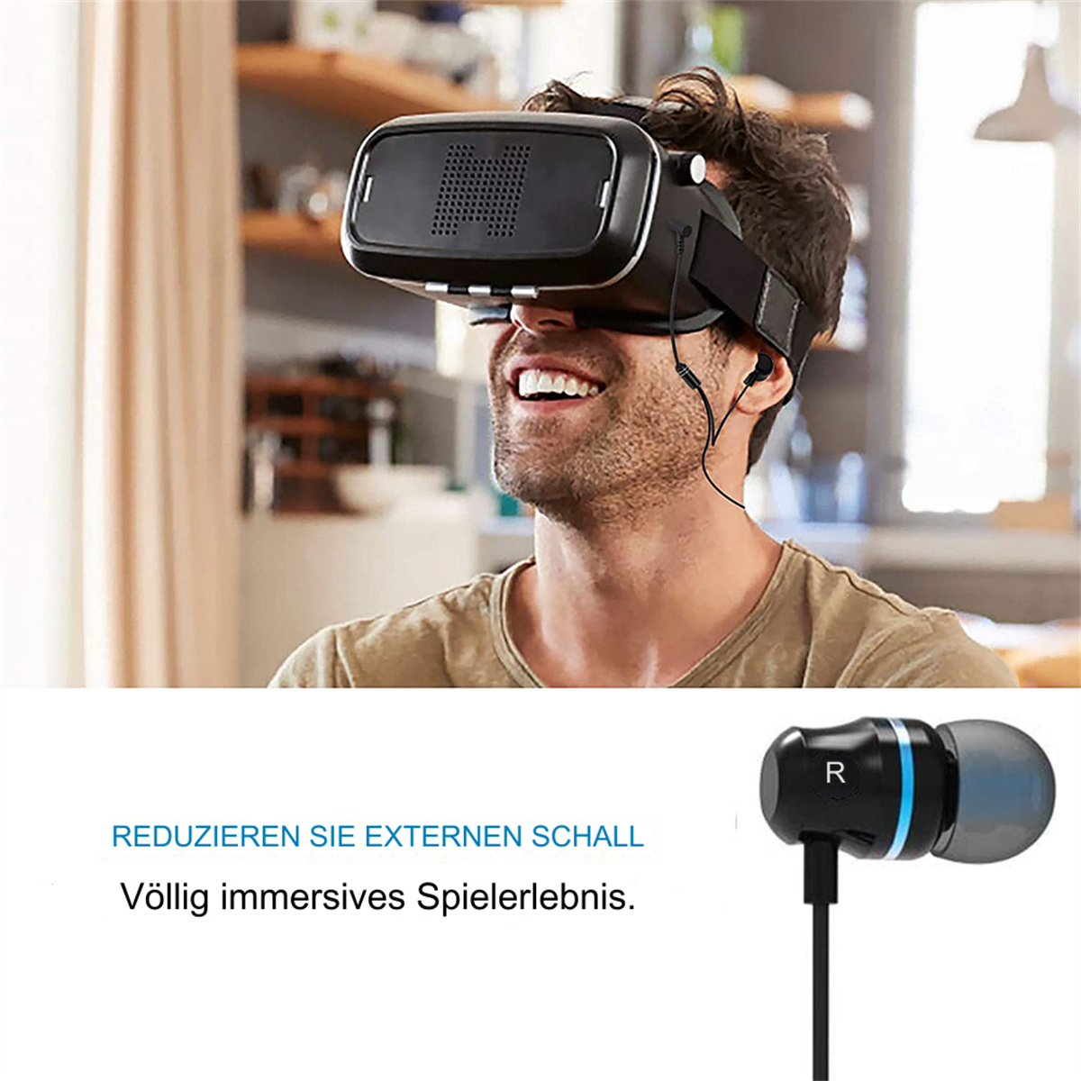 Mann mit VR-Brille, lächelnd, mit Ohrhörern. Text: 'REDUCE EXTERNAL NOISE' und 'Immersiv'.