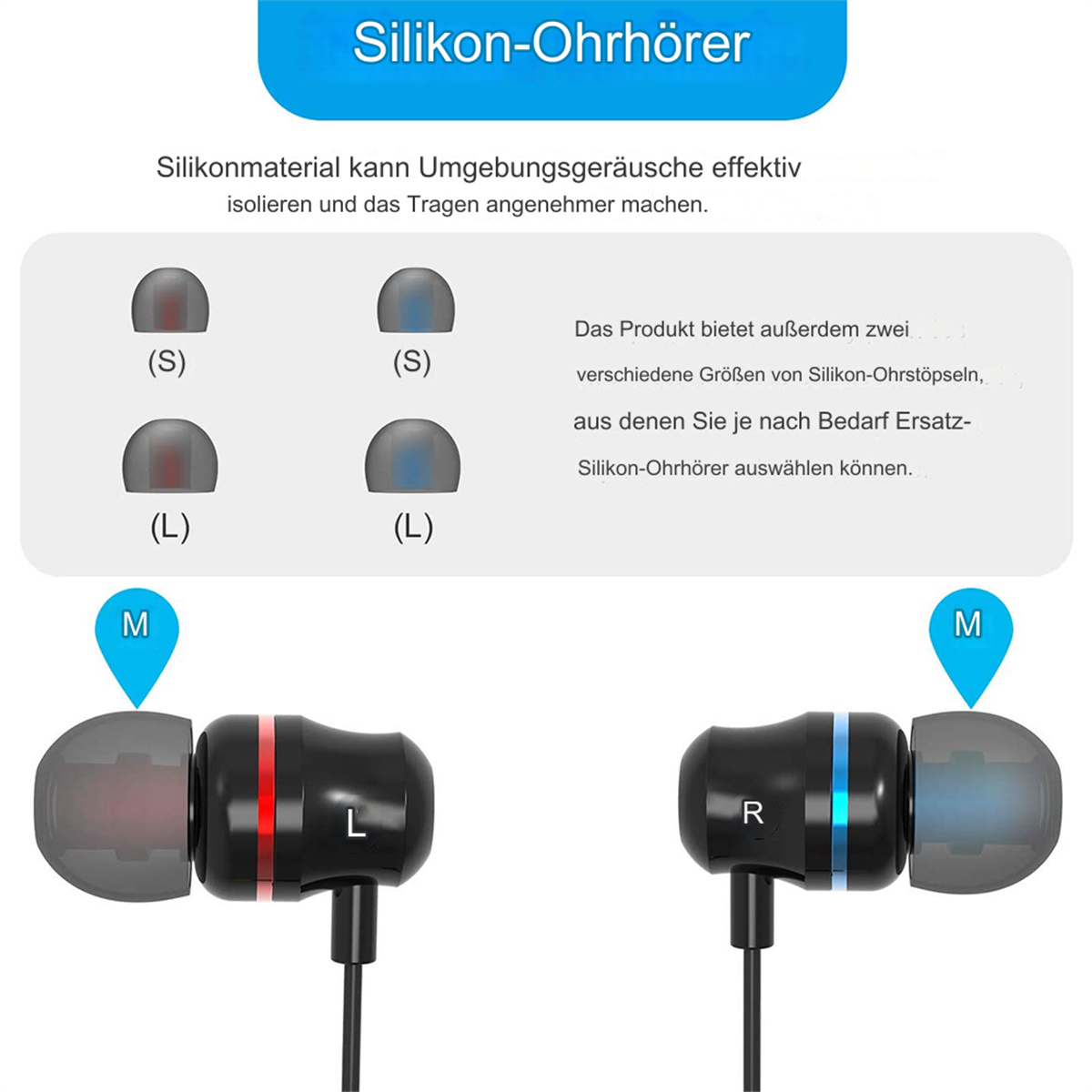 Zwei Ohrhörer mit Silikonspitzen und Details.