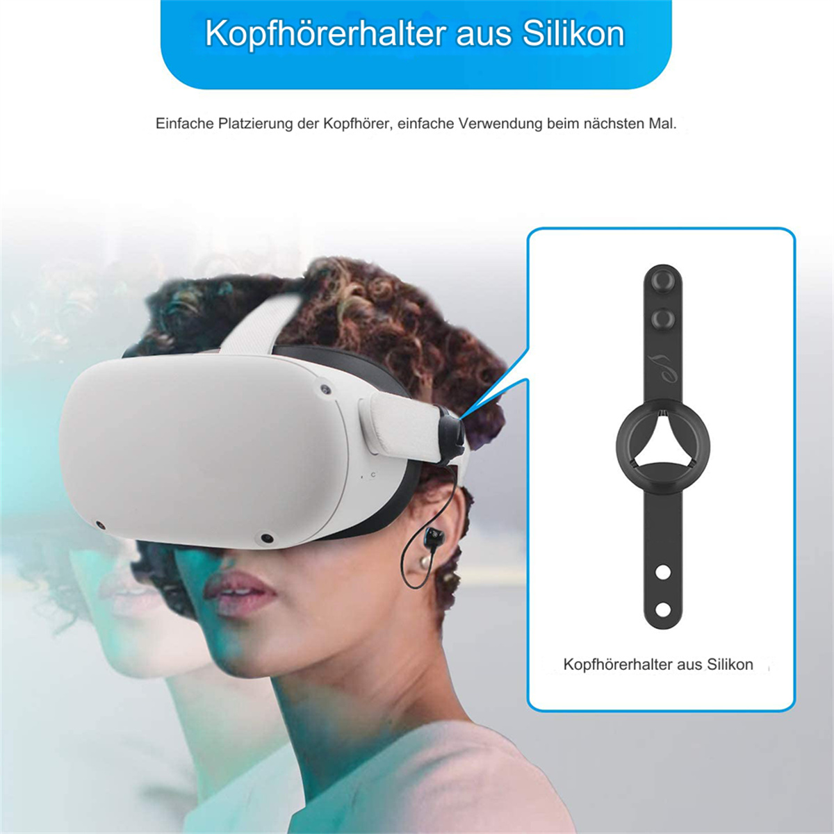 Ein VR-Headset mit einem Silikon-Kopfhörerhalter und dem Gesicht einer Person im Hintergrund.