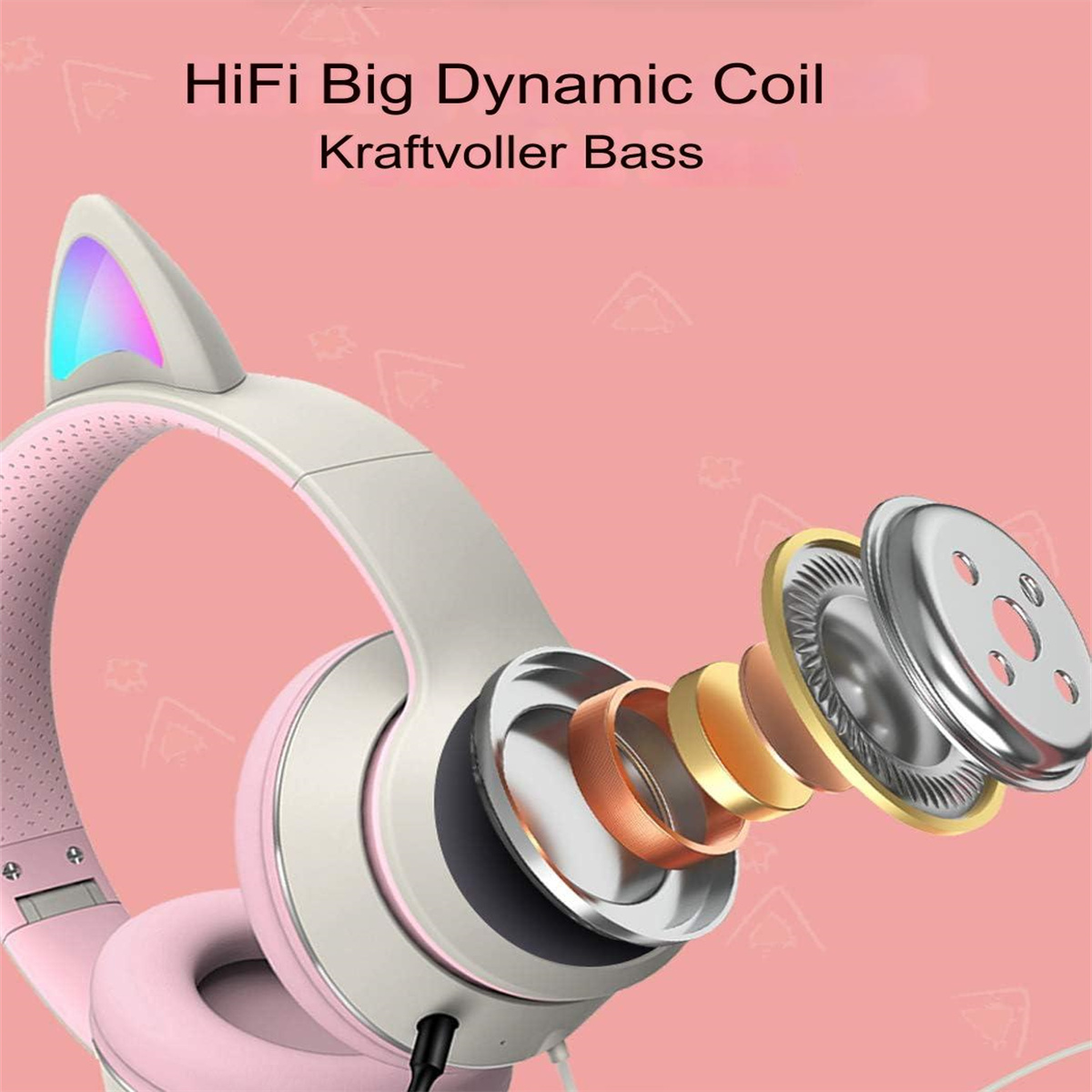 Pinke Katzenohr-Kopfhörer. Explosionsansicht zeigt interne Komponenten. Text: HiFi Big Dynamic Coil, Kraftvoller Bass.