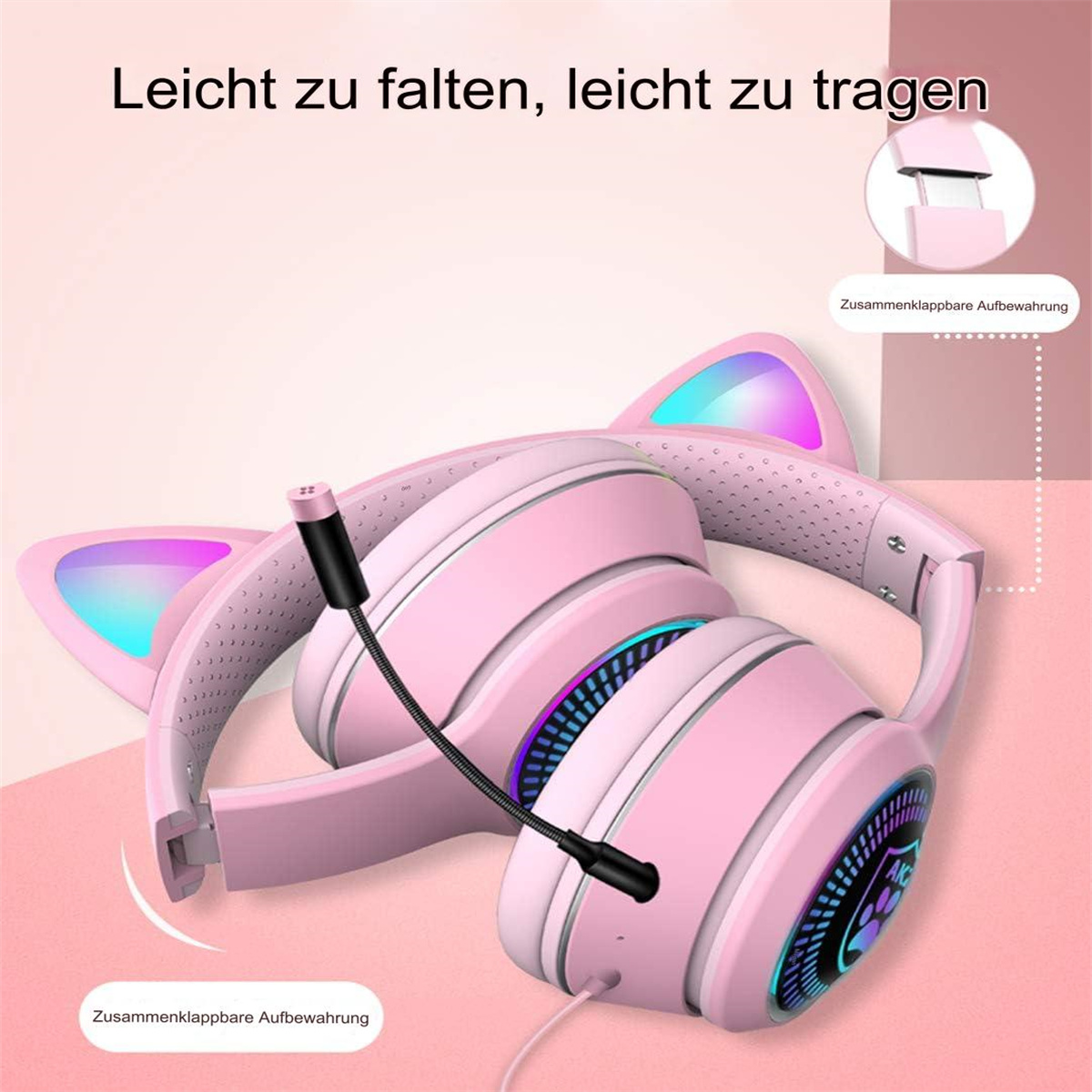 Rosa Katzenohr-Kopfhörer mit Mikrofon. Die Kopfhörer haben ein zusammenklappbares Design.