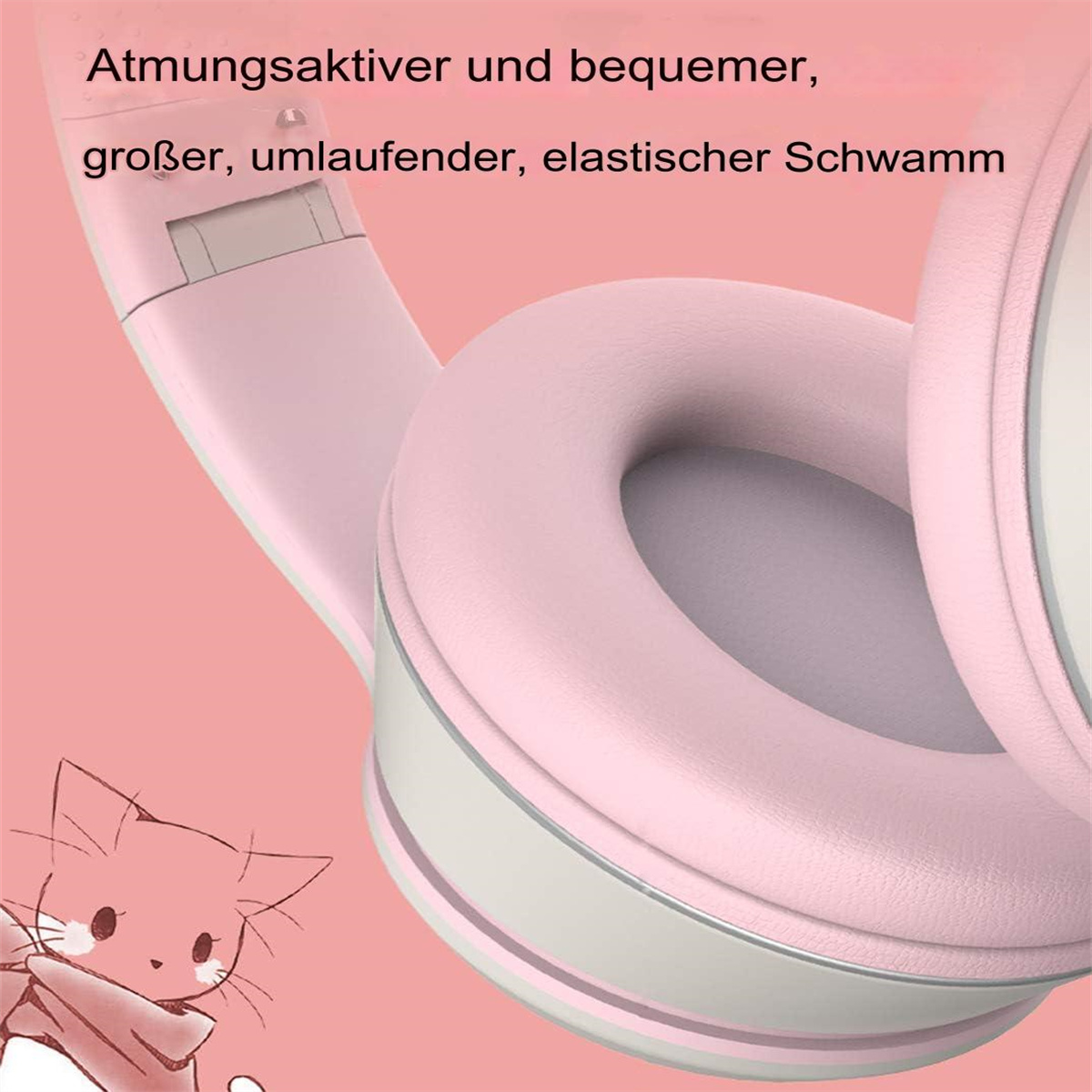 Pinke Kopfhörer auf pinkem Hintergrund mit Text und einer Cartoon-Katze.