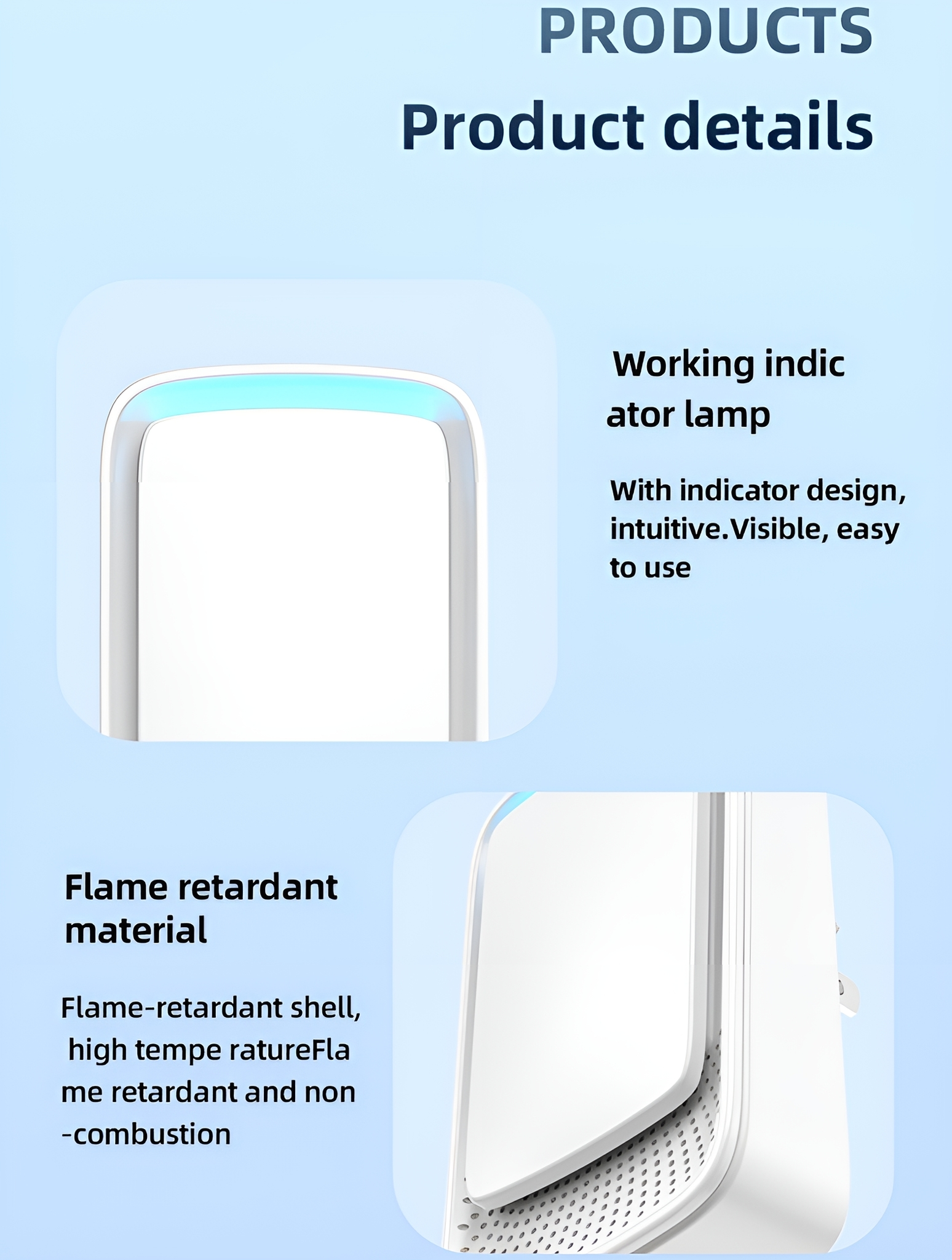Details eines weißen Produkts. Enthält eine Funktionsanzeigelampe und flammhemmendes Material.