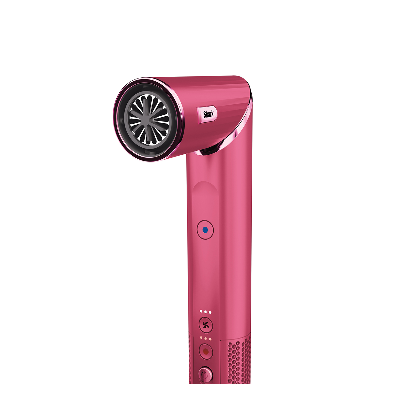 Różowa suszarka do włosów Shark, widok z boku, z elementami sterowania.