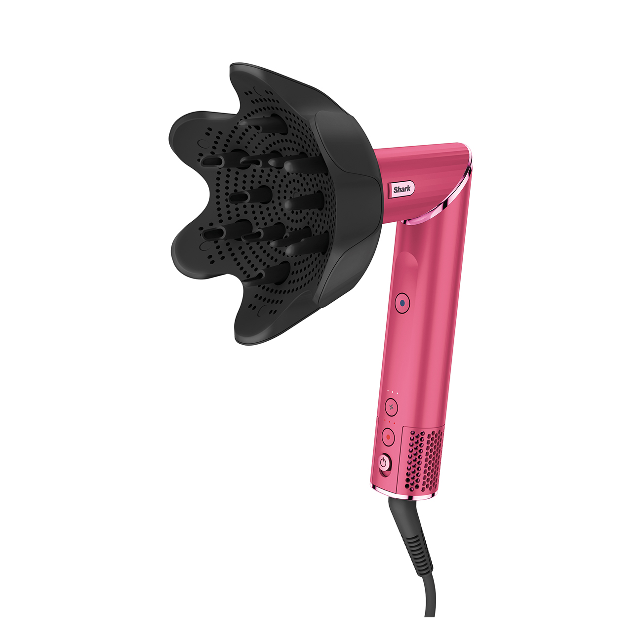 Różowa suszarka do włosów z czarnym dyfuzorem, na białym tle.