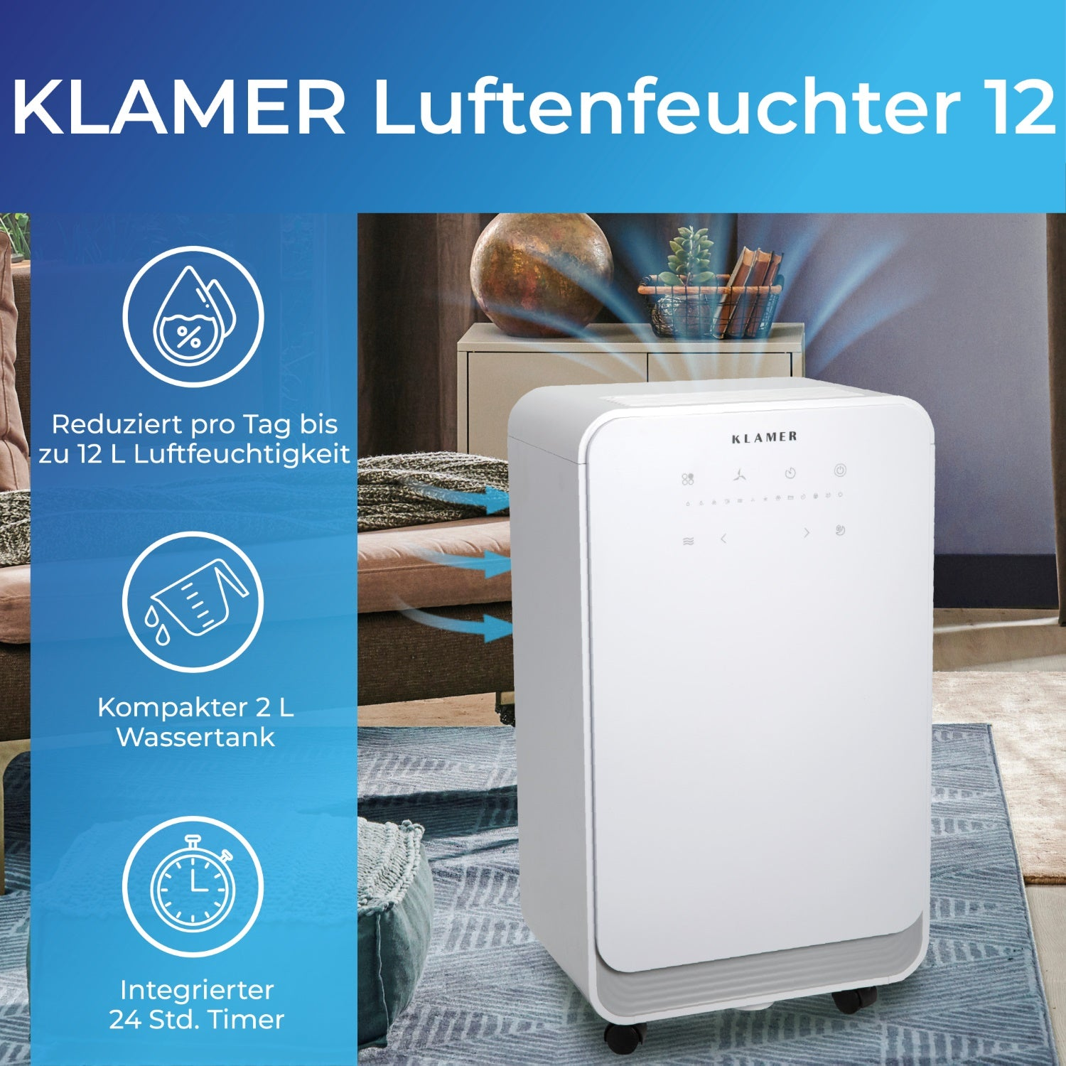 Weißer Luftreiniger mit Digitalanzeige. Das Bild zeigt auch Symbole und Text.