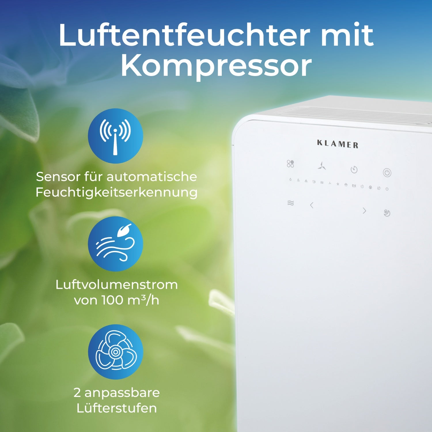Weißer Luftentfeuchter mit blauen Symbolen links.