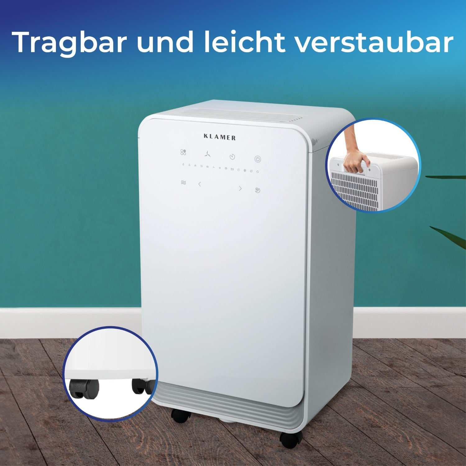 Ein weißer Luftreiniger mit dem deutschen Text 'Tragbar und leicht verstaubar'.
