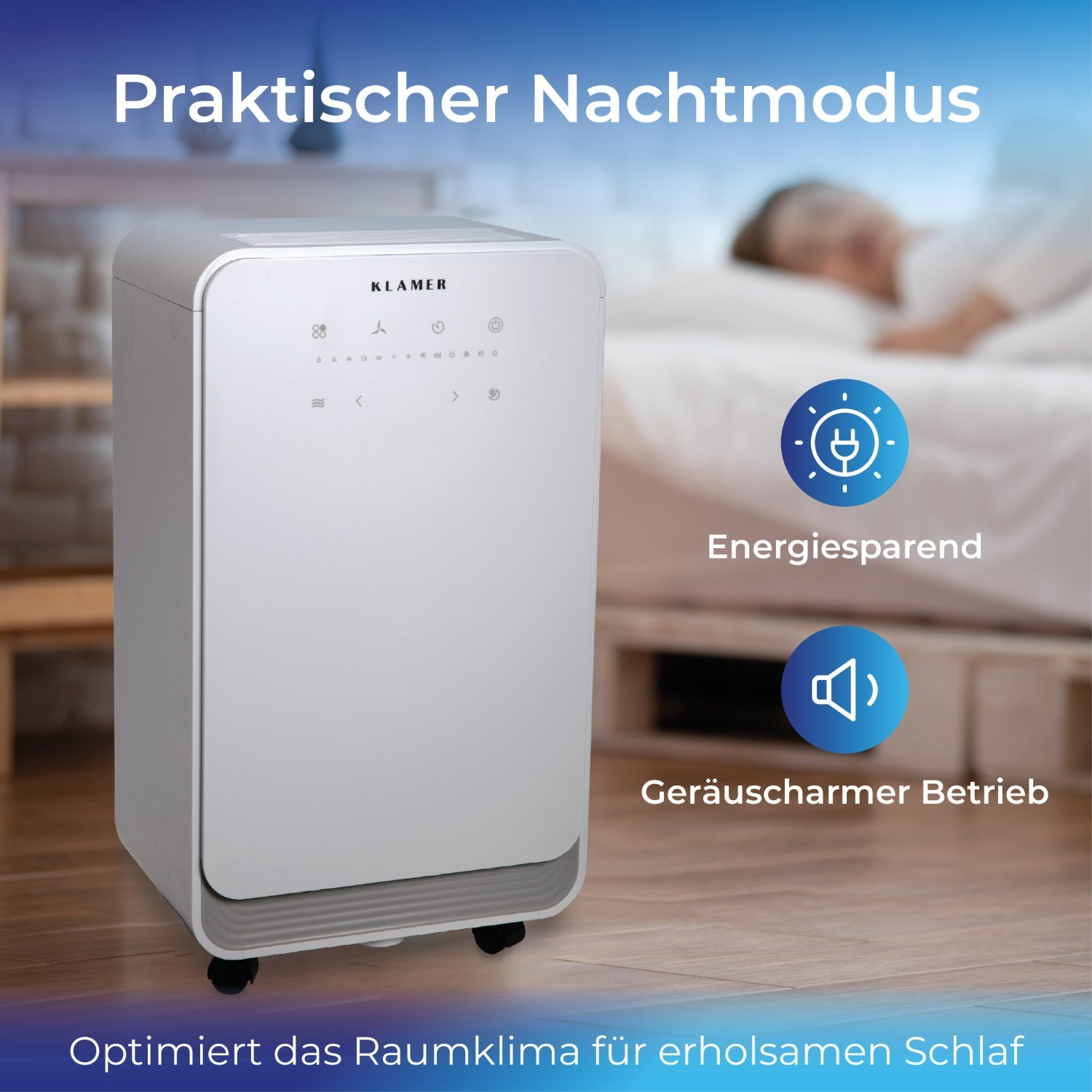 Weißer Luftreiniger mit blauen Symbolen. Text auf Deutsch, der den Nachtmodus und Energiesparen bewirbt.