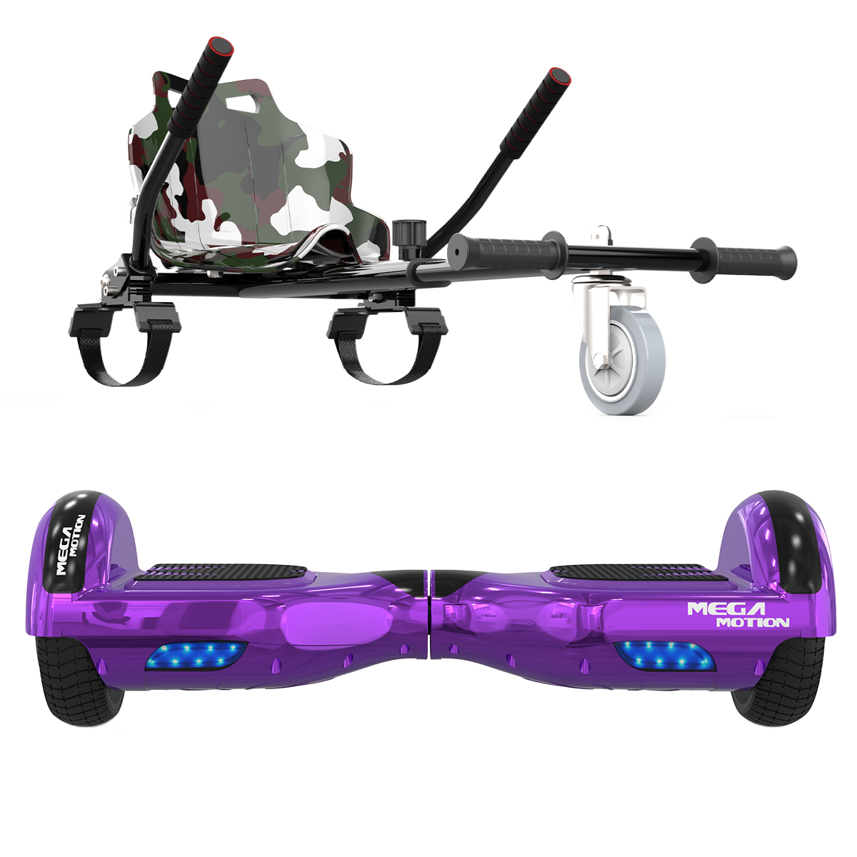Zwei Hoverboards und ein Hoverboard-Sitz, auf weißem Hintergrund.