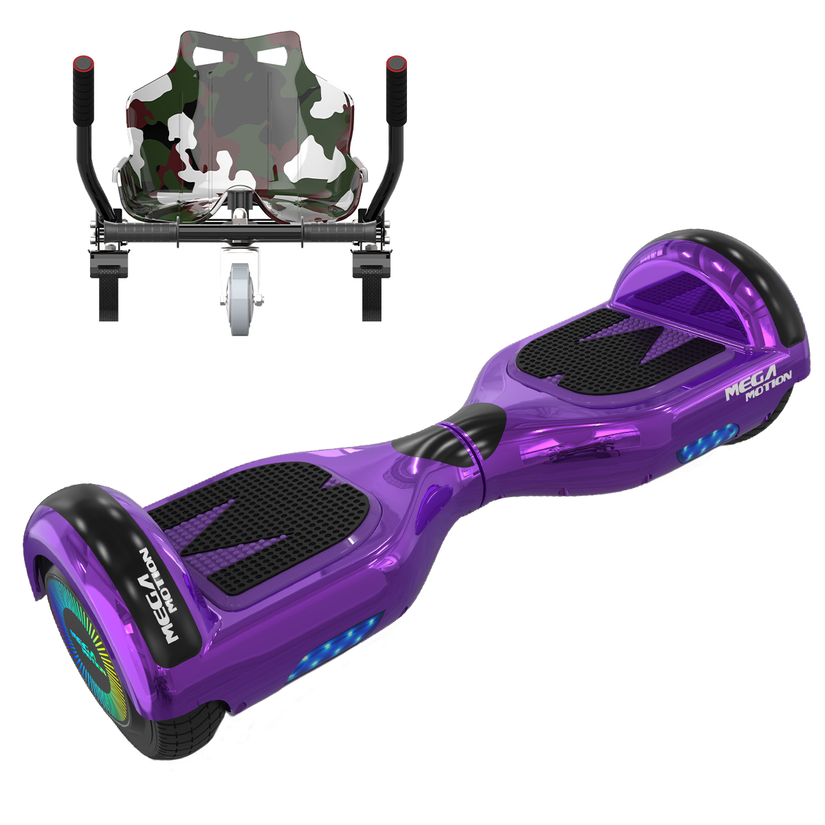 Lila Hoverboard mit schwarzem Grip-Tape und Sitzbefestigung. Weißer Hintergrund.