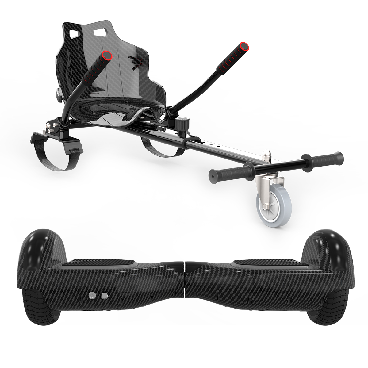 Ein Hoverboard mit Sitzaufsatz und ein separates Hoverboard darunter.