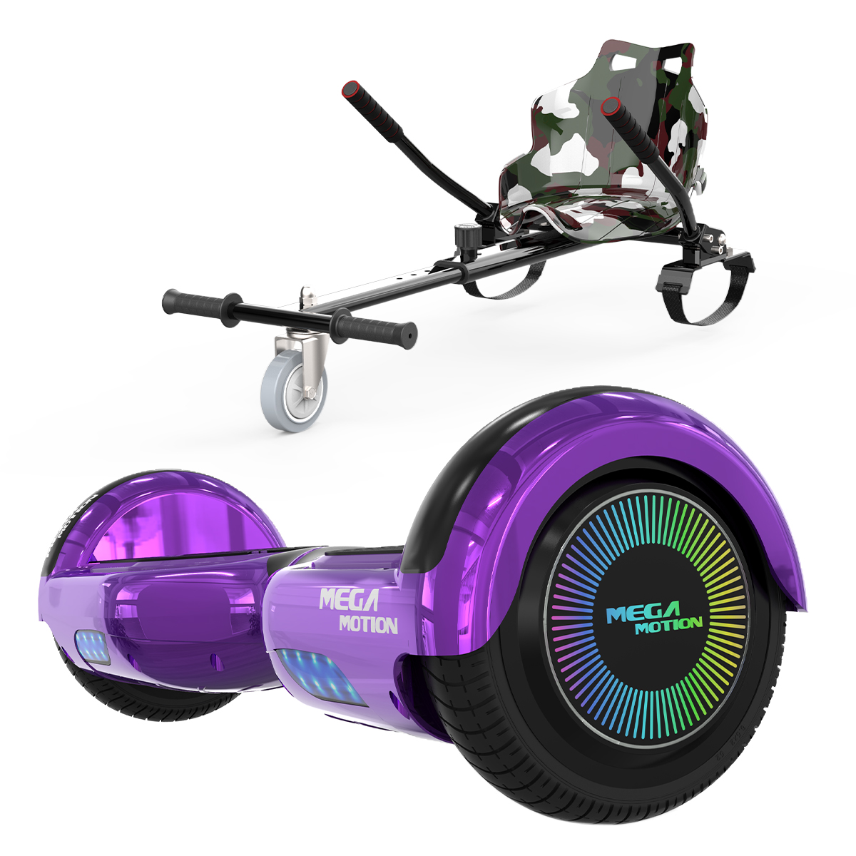 Lila Hoverboard und schwarzer Sitzaufsatz. Hoverboard mit bunten LED-Leuchten.