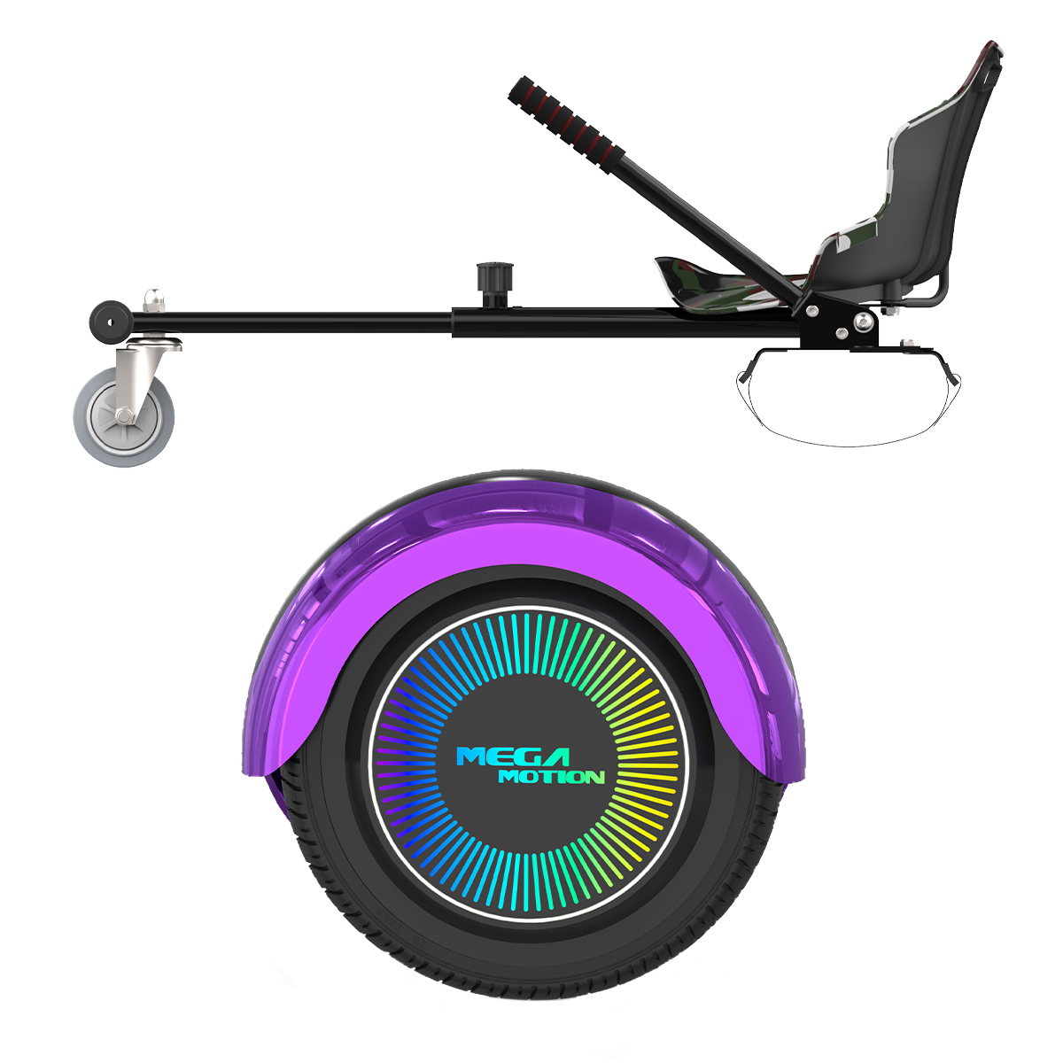 Hoverboard mit Sitz, lila Kotflügel und Rad mit blauen, gelben und grünen Lichtern.