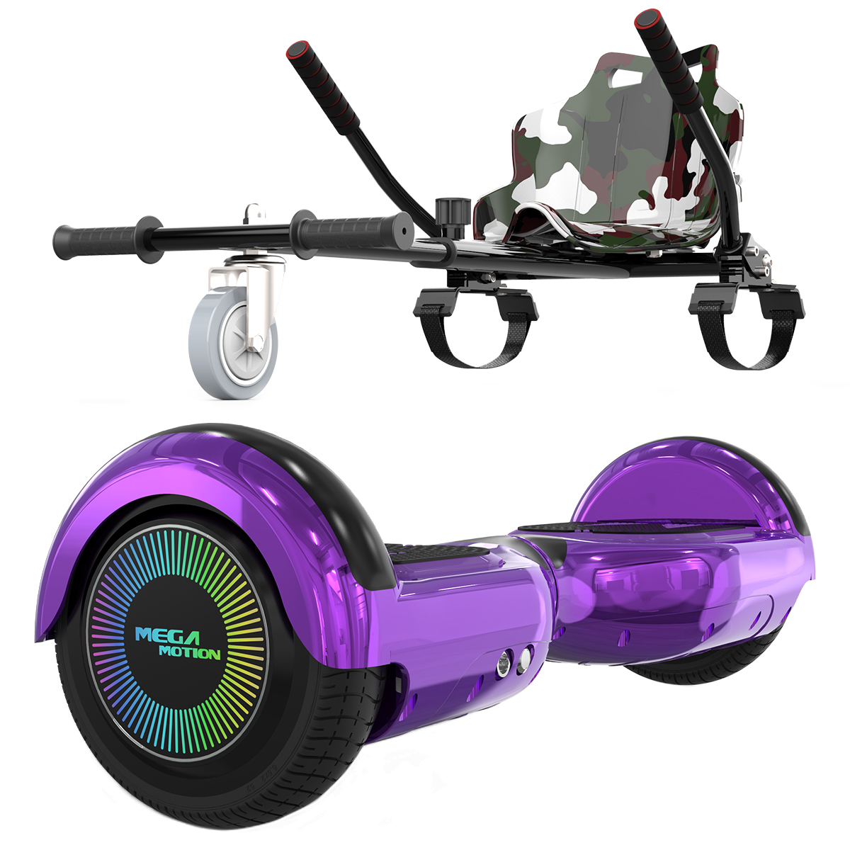 Hoverboard und Sitzaufsatz. Hoverboard lila mit Radlichtern. Sitzaufsatz mit Camouflage-Muster.