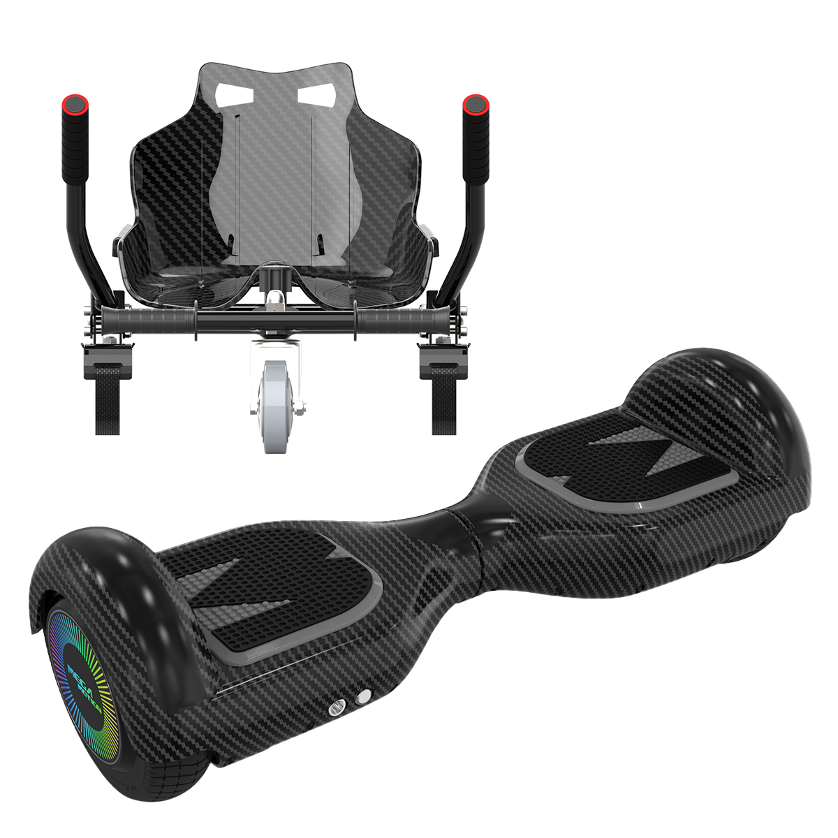 Schwarzes Hoverboard mit Kohlefaser-Design, mit Sitzbefestigung. Die Räder zeigen ein Regenbogenlicht.