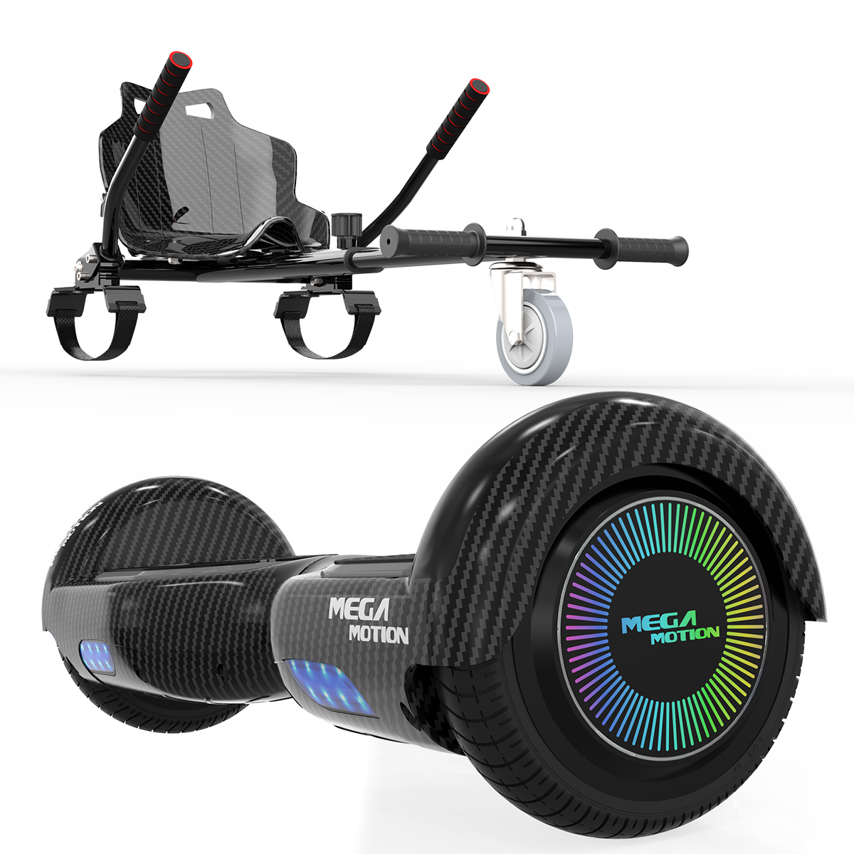 Ein Hoverboard und ein Go-Kart-Aufsatz. Das Hoverboard ist schwarz und der Aufsatz hat einen Sitz und Griffe.