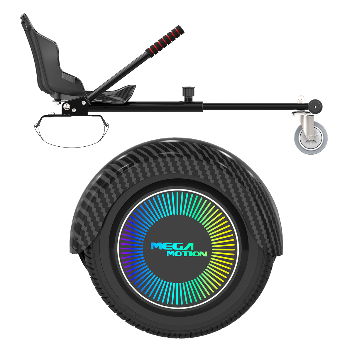 Ein schwarzes Hoverboard mit Sitz. Ein Rad mit bunten Lichtern ist sichtbar.