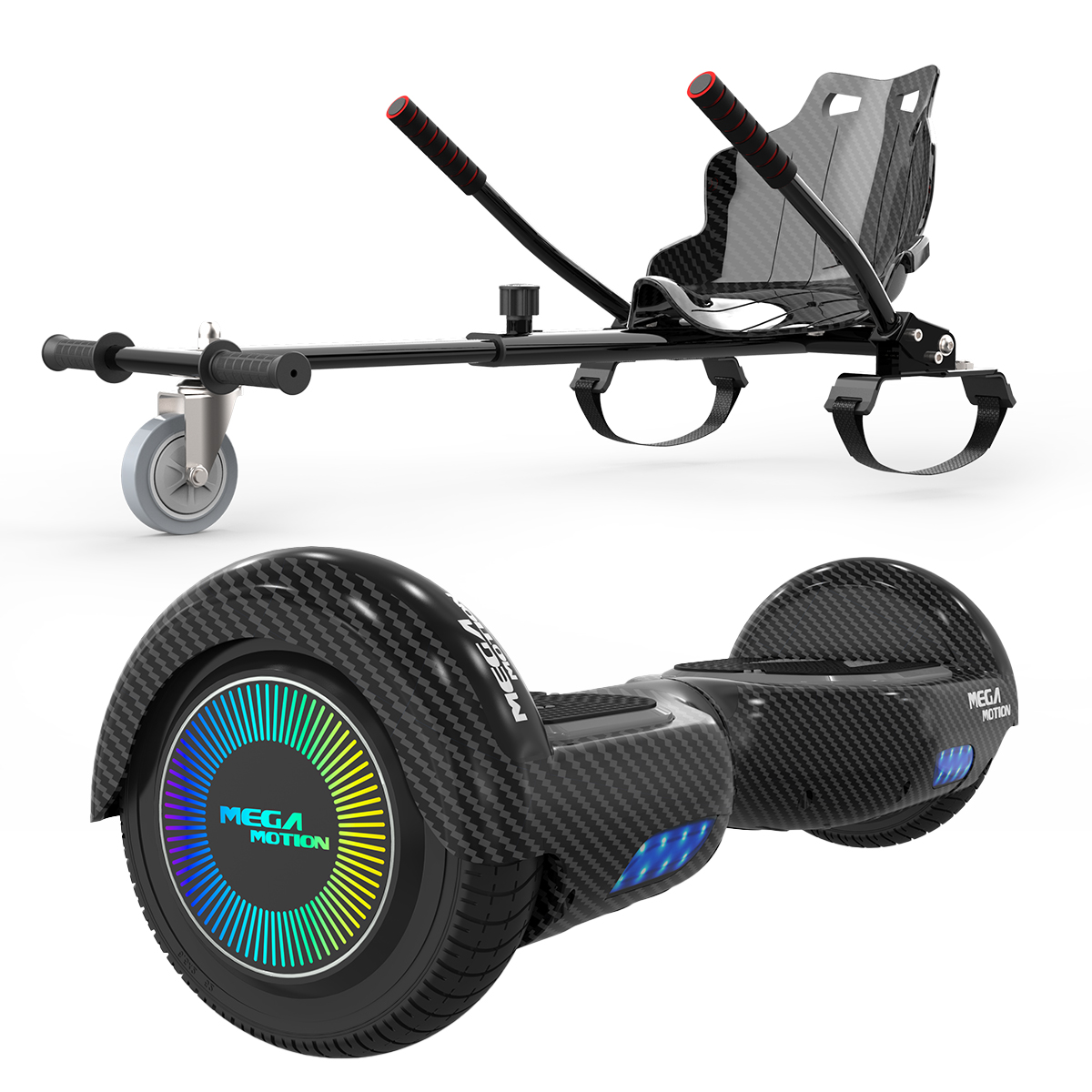 Hoverboard-Cart mit schwarzem Sitz, Griffen und Rädern. Schwarz-bunte Räder. Weißer HG.