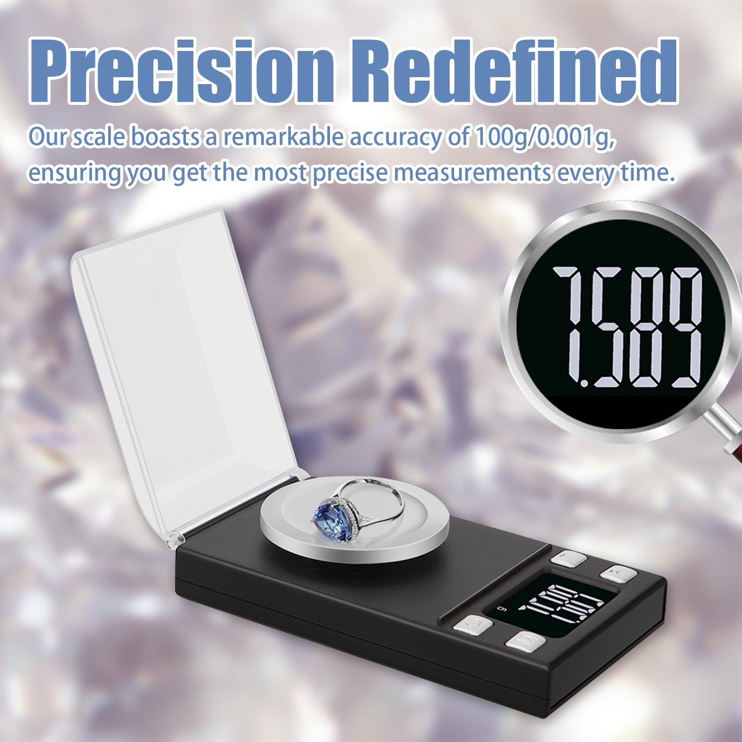 Czarna waga cyfrowa z pierścieniem i tekstem 75.00 / 1.589.