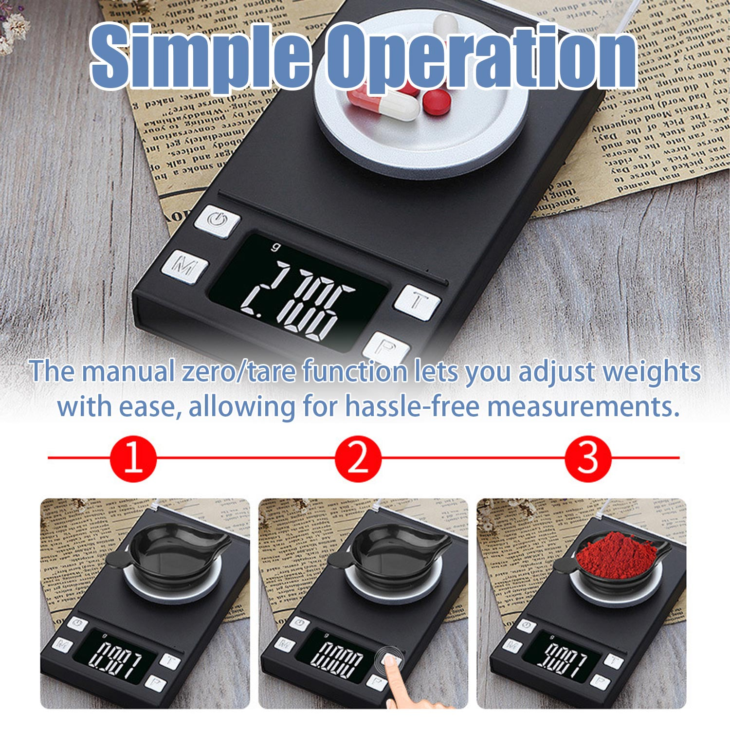 Waga cyfrowa z pigułkami. Trzy kroki pokazują proces ważenia. Tekst: 'Simple Operation'.