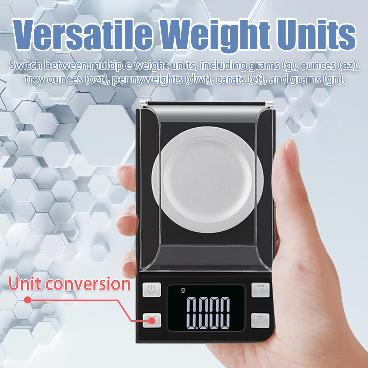 Cyfrowa waga kieszonkowa z białą platformą. Pokazuje wagę w gramach. Ręka trzyma wagę.