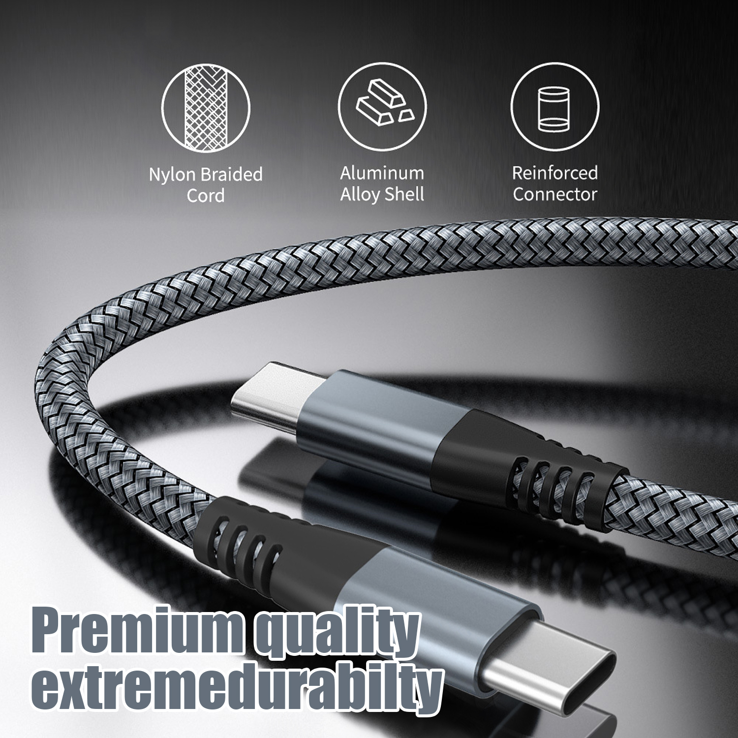 Schwarz-graues geflochtenes USB-C-Kabel mit Steckern und Text: Premium Qualität extremhaltbar.