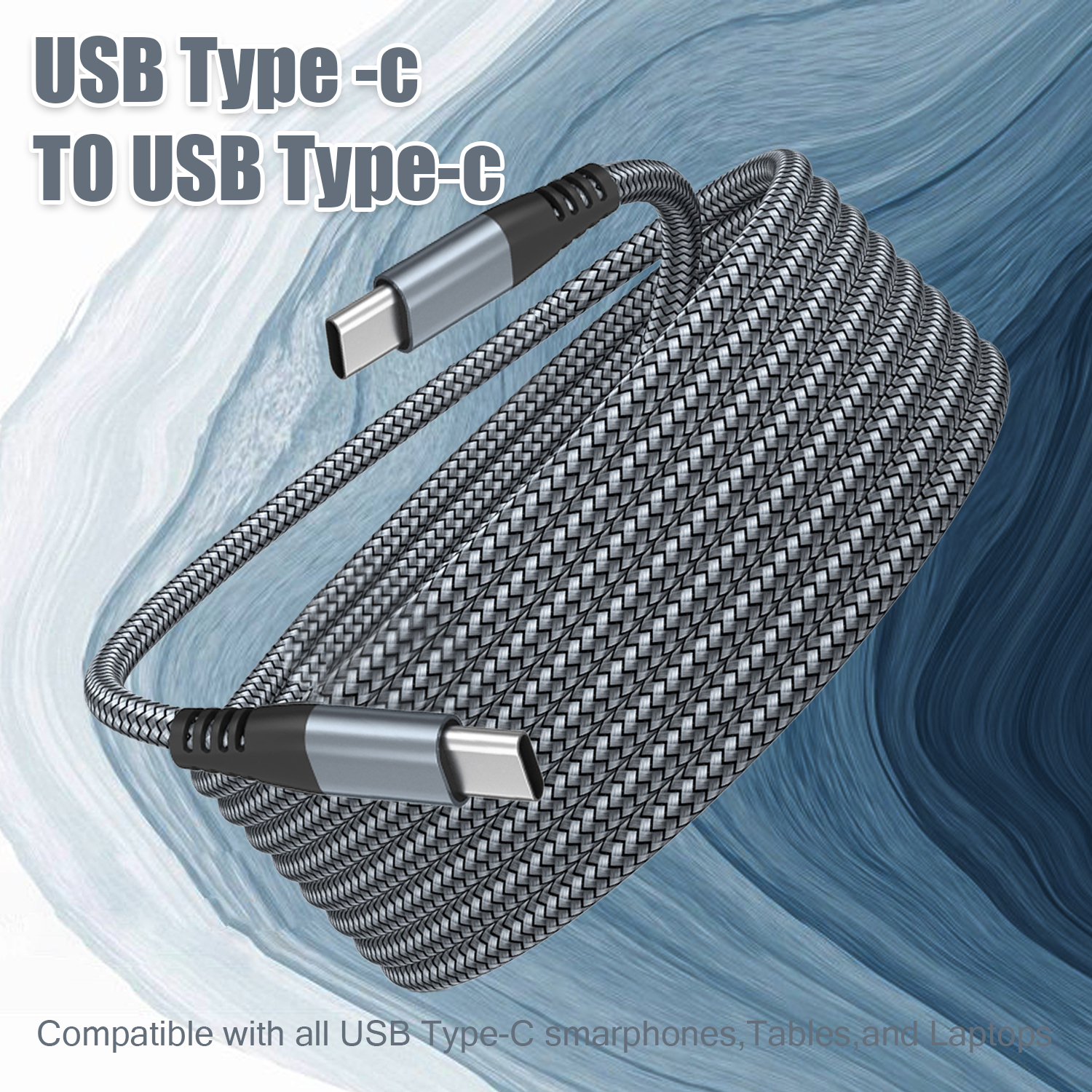 Gewickeltes USB-Typ-C-zu-USB-Typ-C-Kabel mit grauem und schwarzem geflochtenem Design, das beide Enden zeigt.