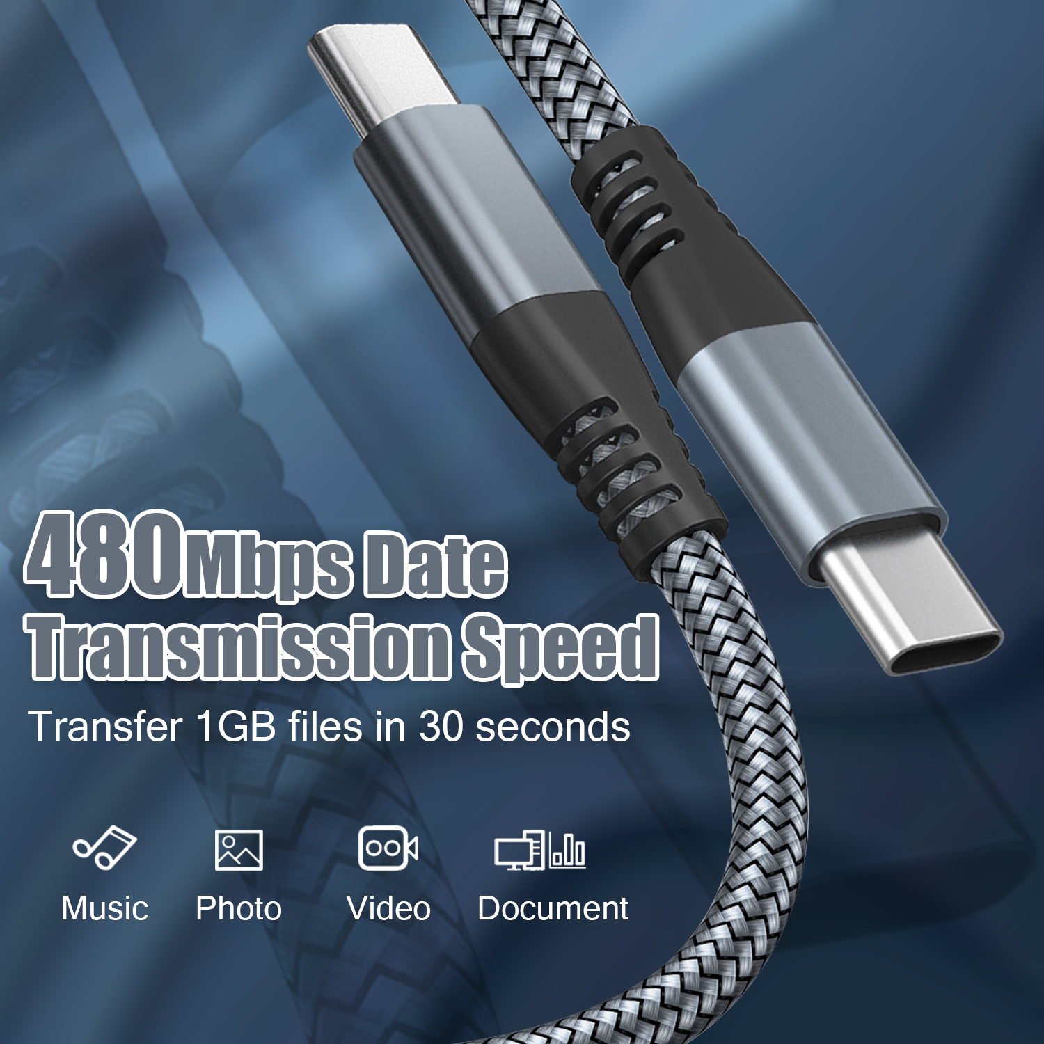 Ein USB-C-Kabel mit geflochtenem grau-schwarzem Muster. Text: 480Mbit/s Datenübertragungsgeschwindigkeit.