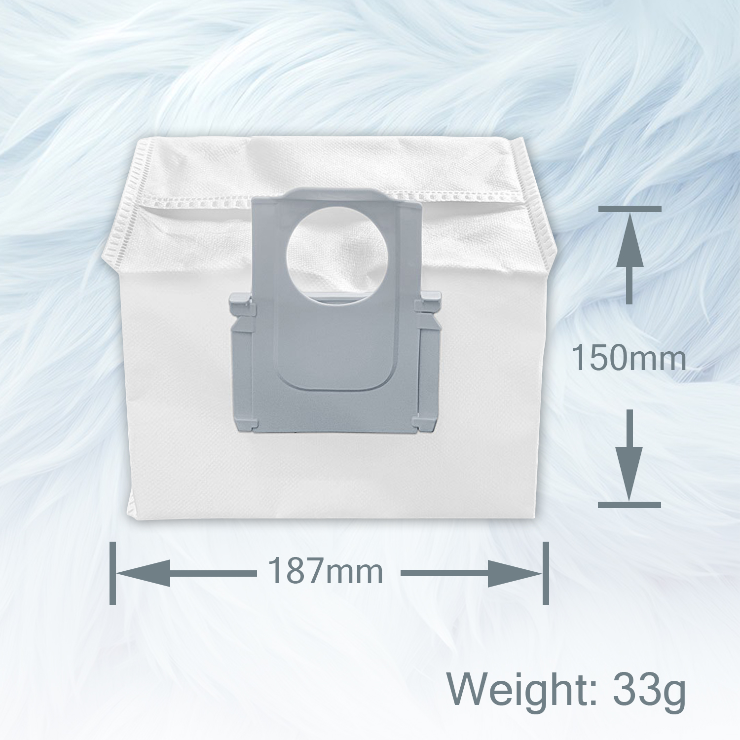 Biały worek do odkurzacza z szarą plastikową obudową. Wymiary i waga są podane.