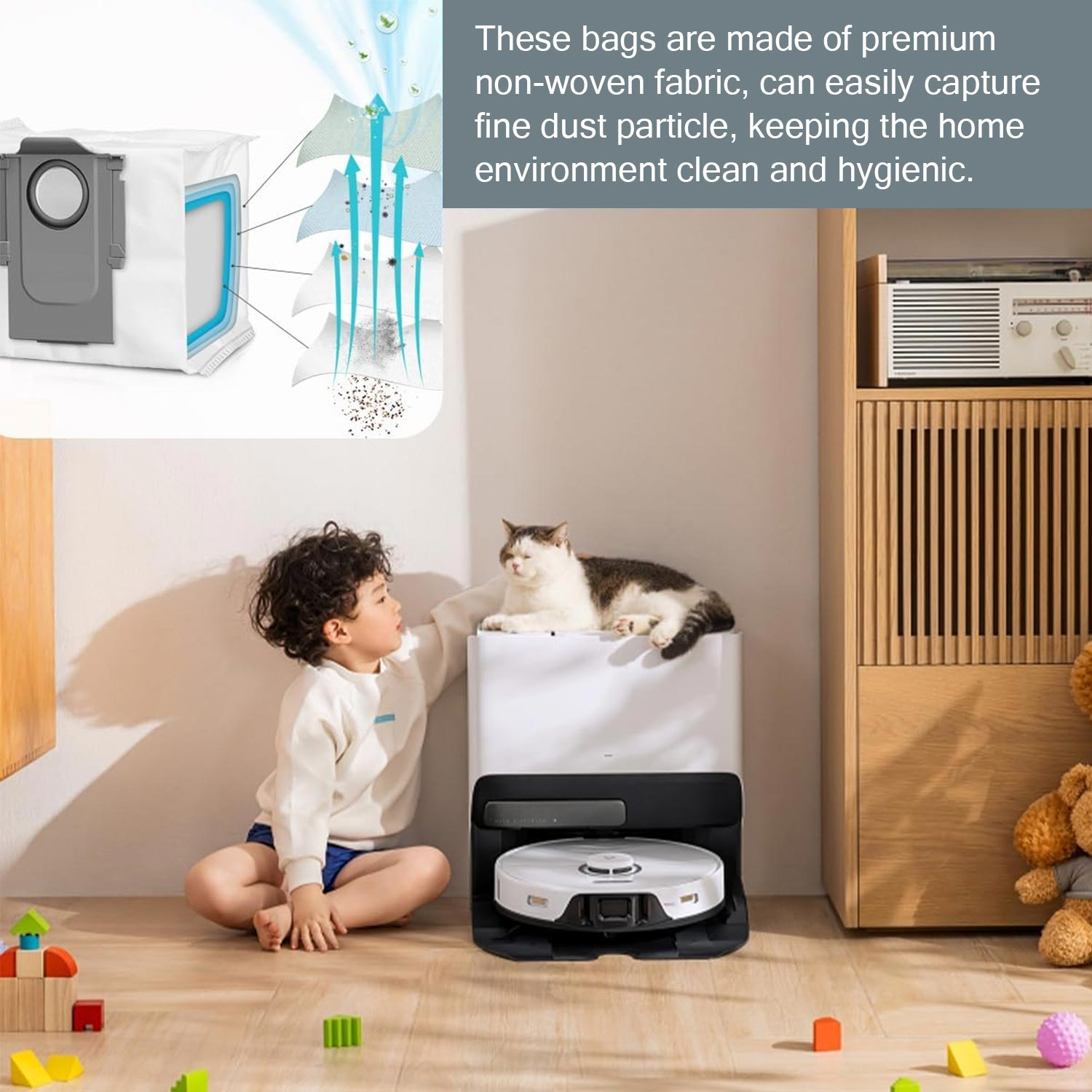 Chłopiec z kotem na białym odkurzaczu. Tekst opisuje worki.