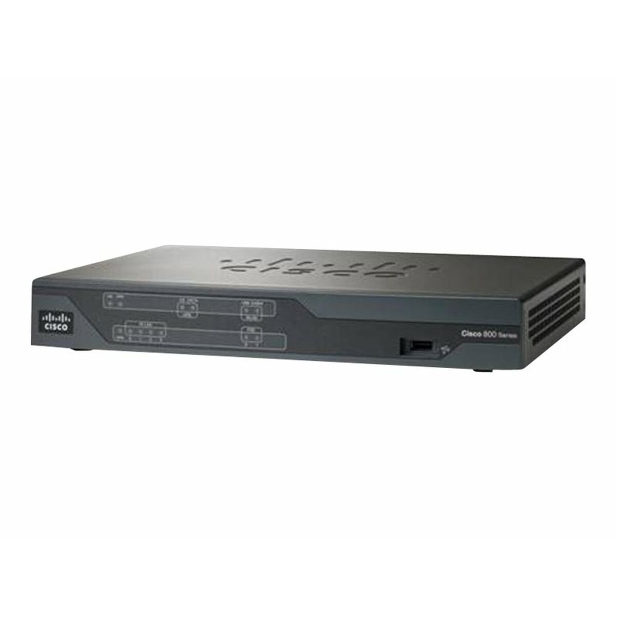 Dunkelgrauer Cisco-Router. Schwarz mit mehreren Anschlüssen und Cisco-Logo links.