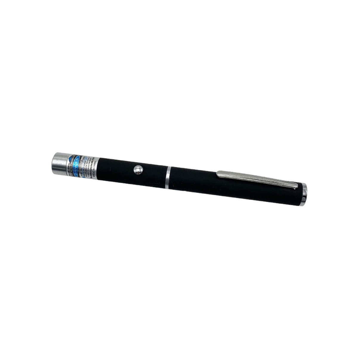 Ein schwarzer Laserpointer-Stift auf weißem Hintergrund. Der Stift hat einen silbernen Clip und eine Spitze.