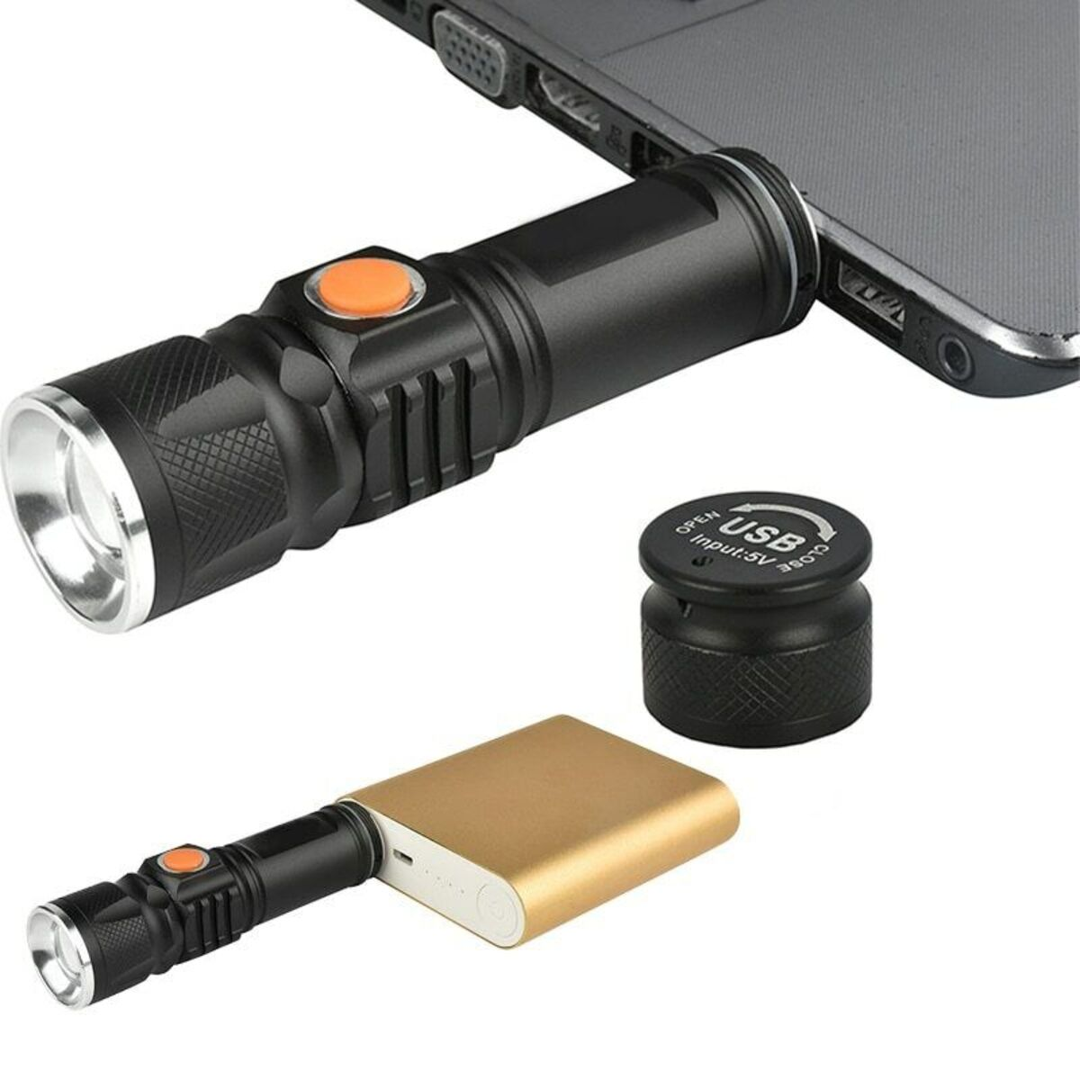 Eine schwarze Taschenlampe, die an einen Laptop angeschlossen ist, mit USB-Kappe und Powerbank.