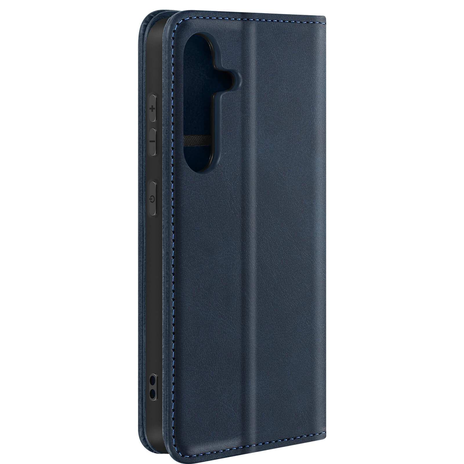 Custodia per telefono blu scuro, chiusa, con finitura testurizzata simile alla pelle e pulsanti visibili, su sfondo bianco.