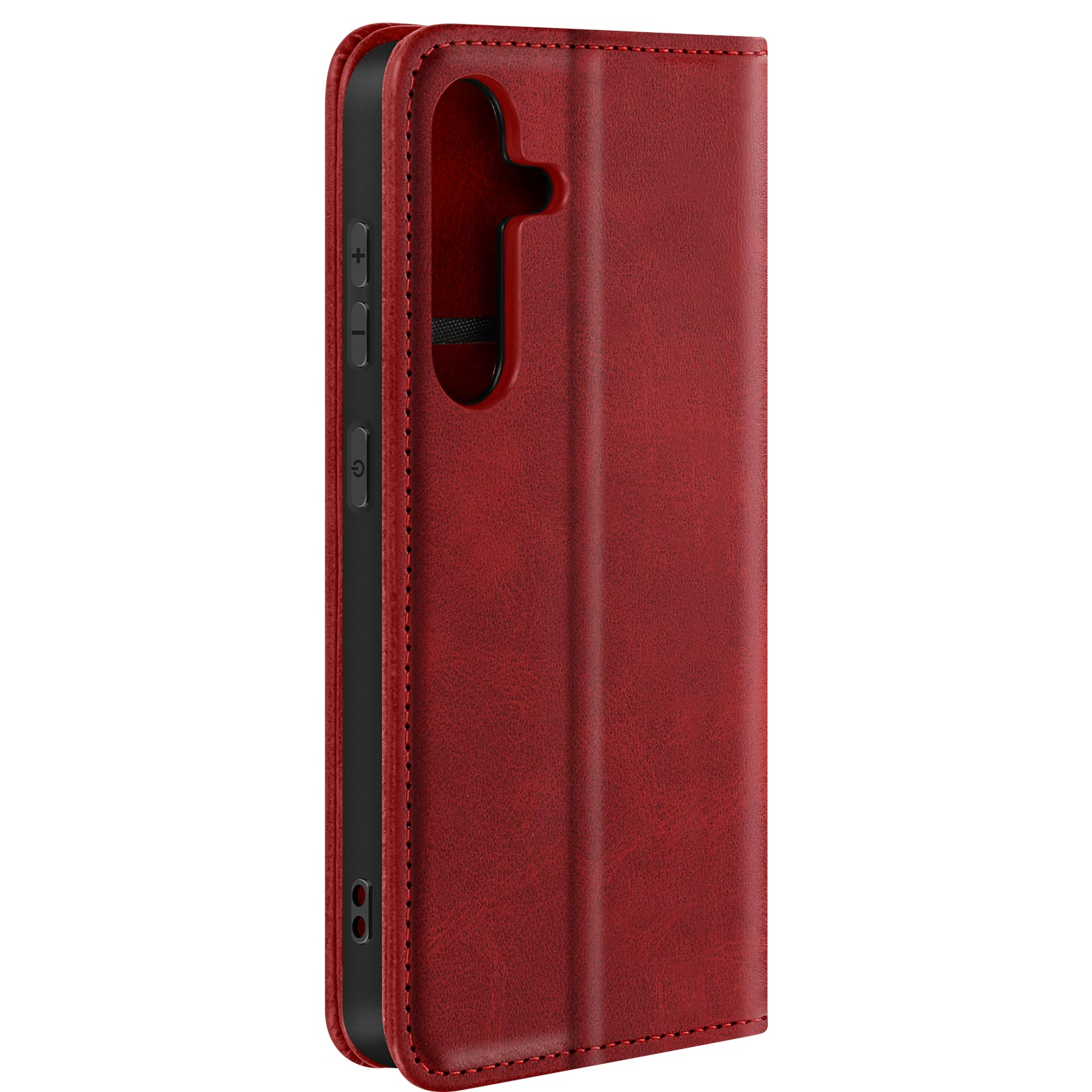 Custodia per telefono in pelle rossa con chiusura magnetica. Ha un ritaglio per il telefono e pulsanti laterali.