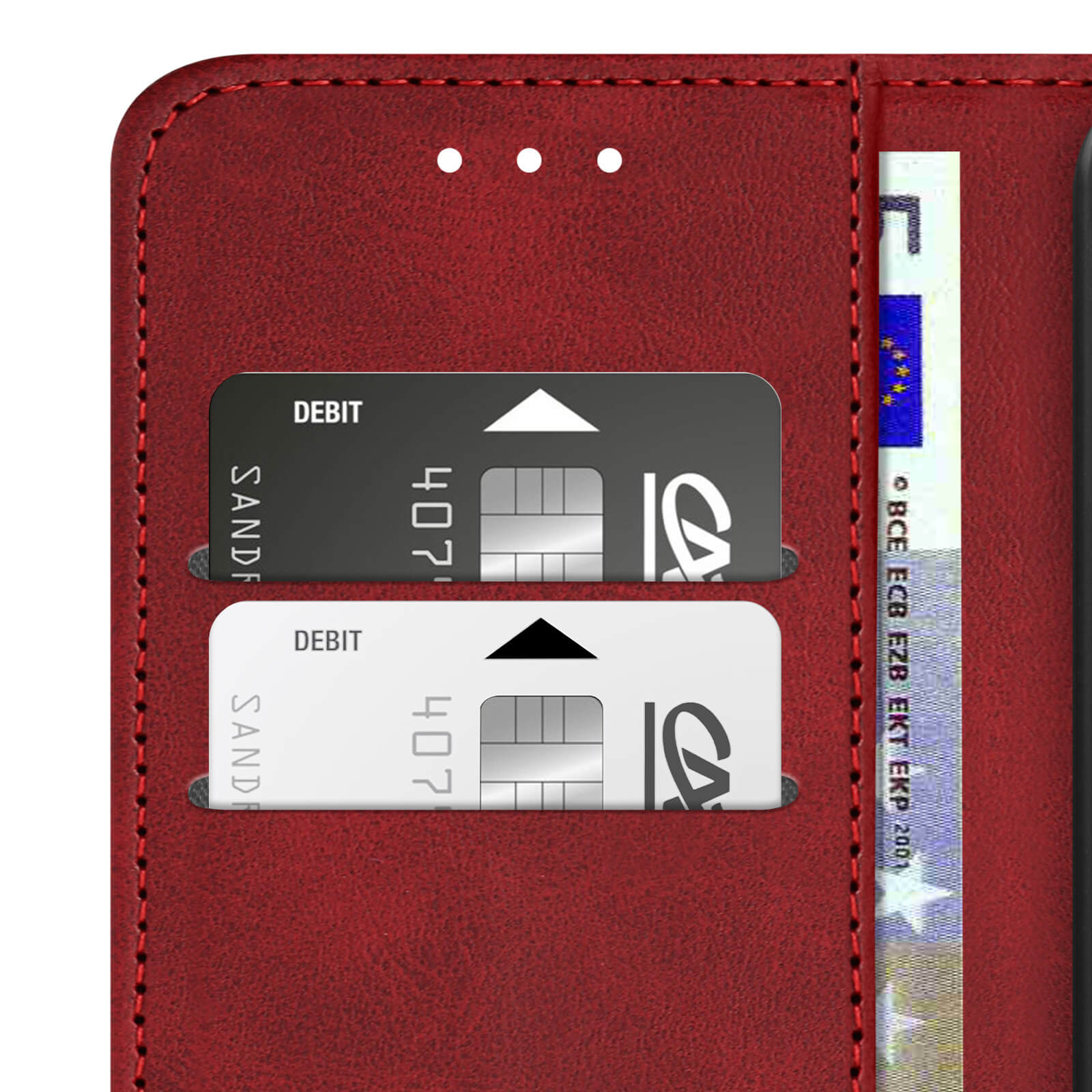 Portafoglio in pelle con due fessure per carte, una con carta di credito.