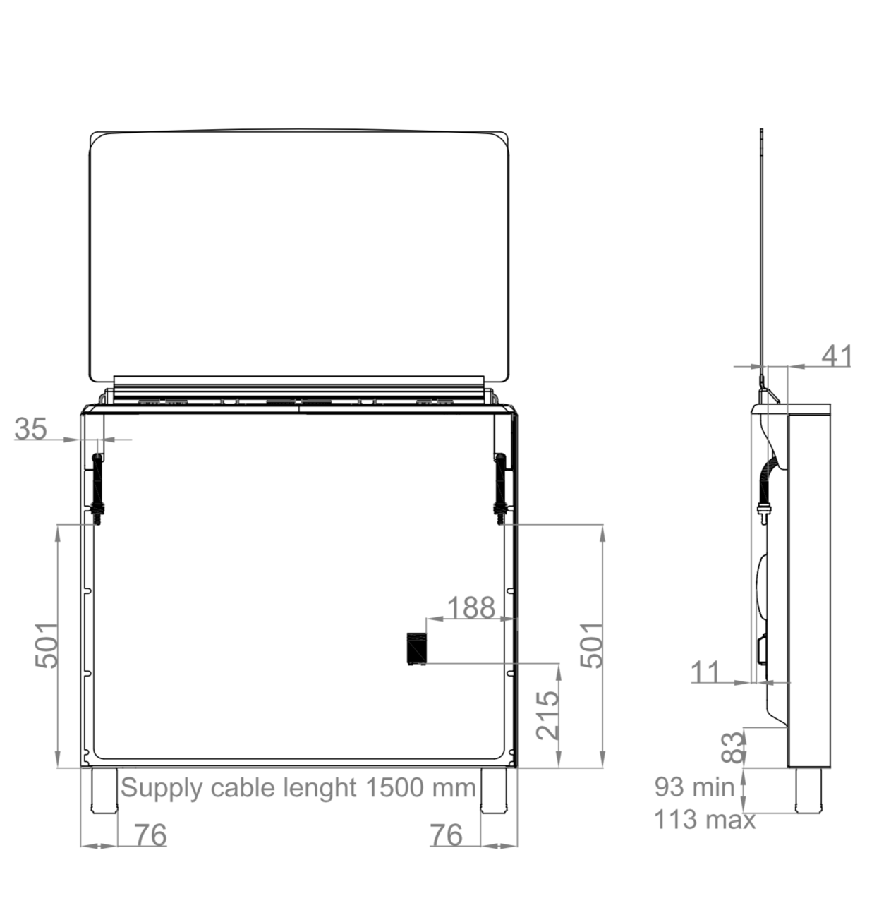 Diagram van een apparaat met metingen en labels.