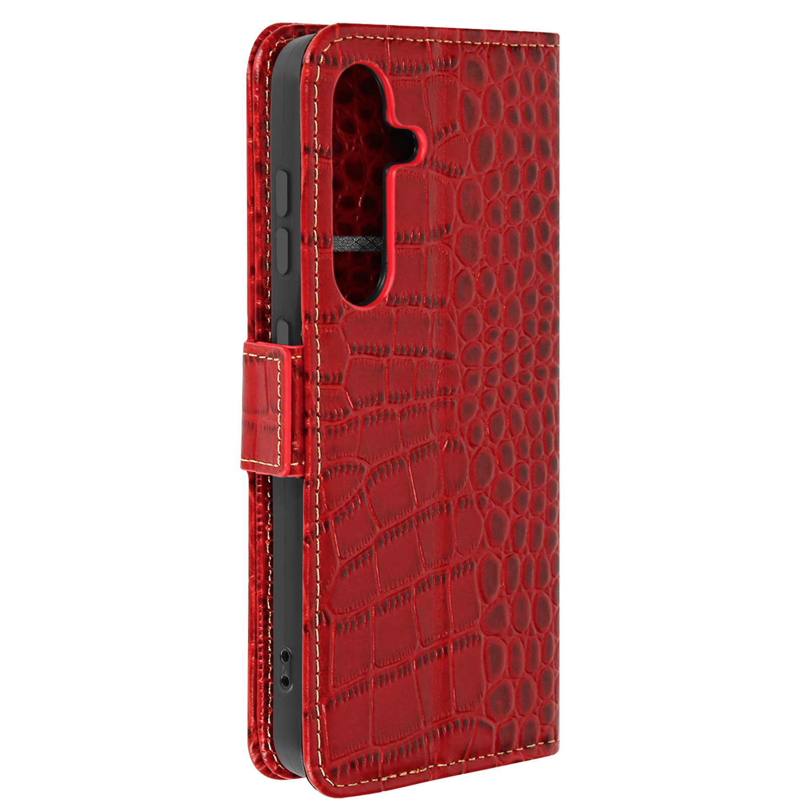 Custodia per telefono rossa con texture coccodrillo, chiusa.