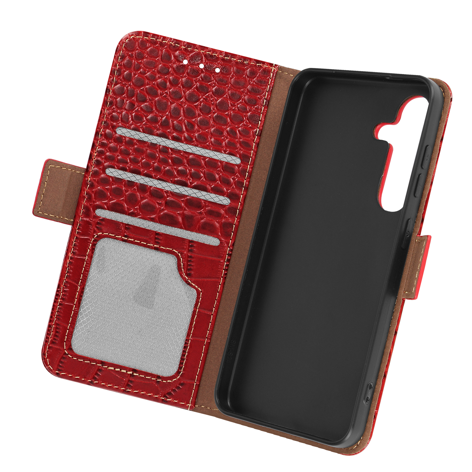 Custodia per telefono rossa, aperta, con fessure per carte, una finestra e l'interno del telefono. Accenti marroni.