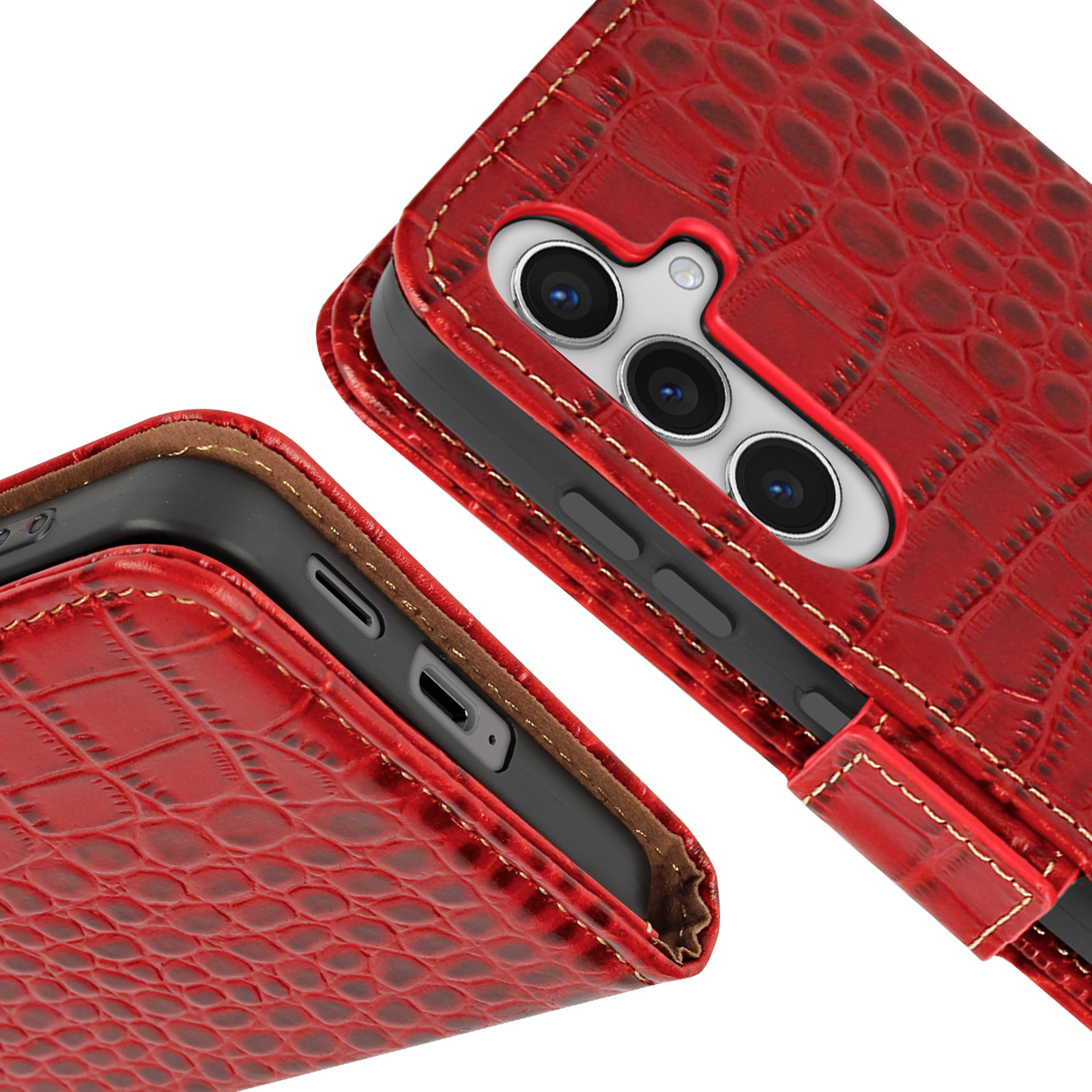 Custodia per telefono in pelle rossa con telefono e dettagli di cucitura.