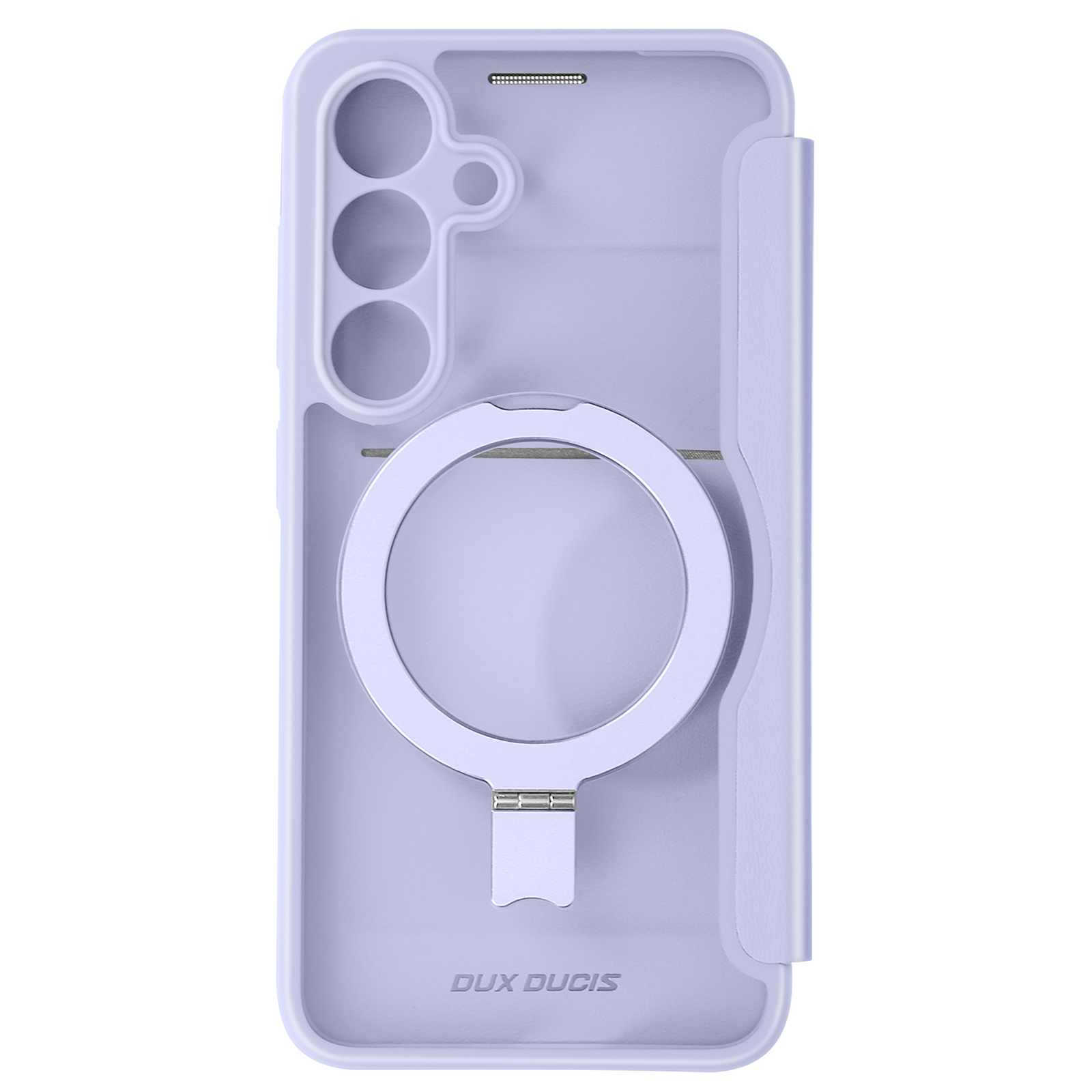 Una custodia per telefono viola chiaro con un supporto ad anello magnetico e il logo DUX DUCIS.