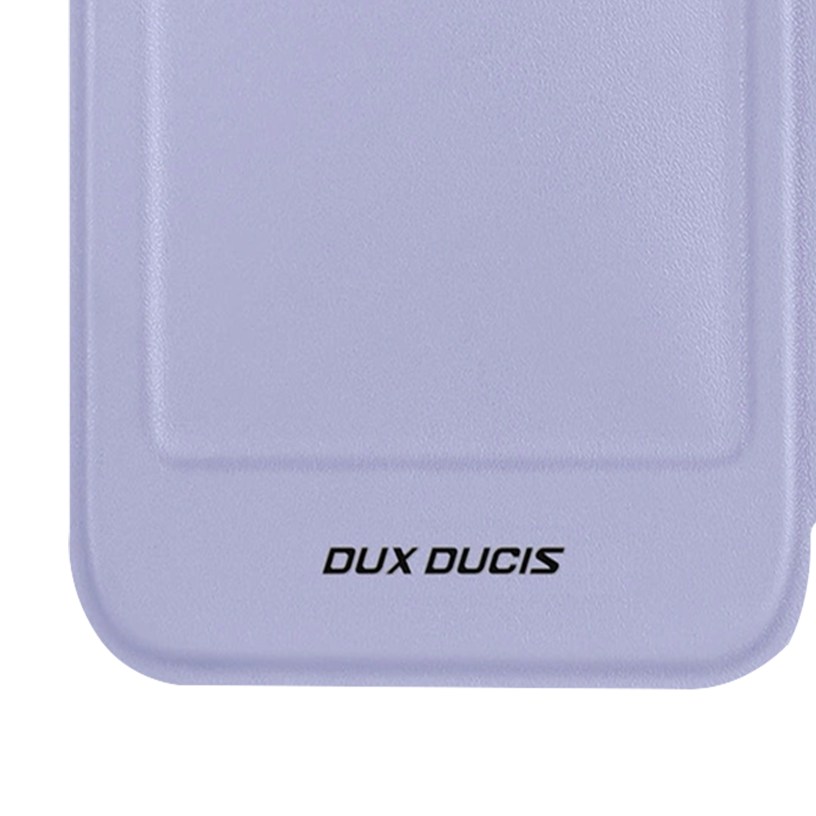 Primo piano di una custodia per telefono lilla chiaro con la scritta 'DUX DUCIS'. Sfondo bianco.