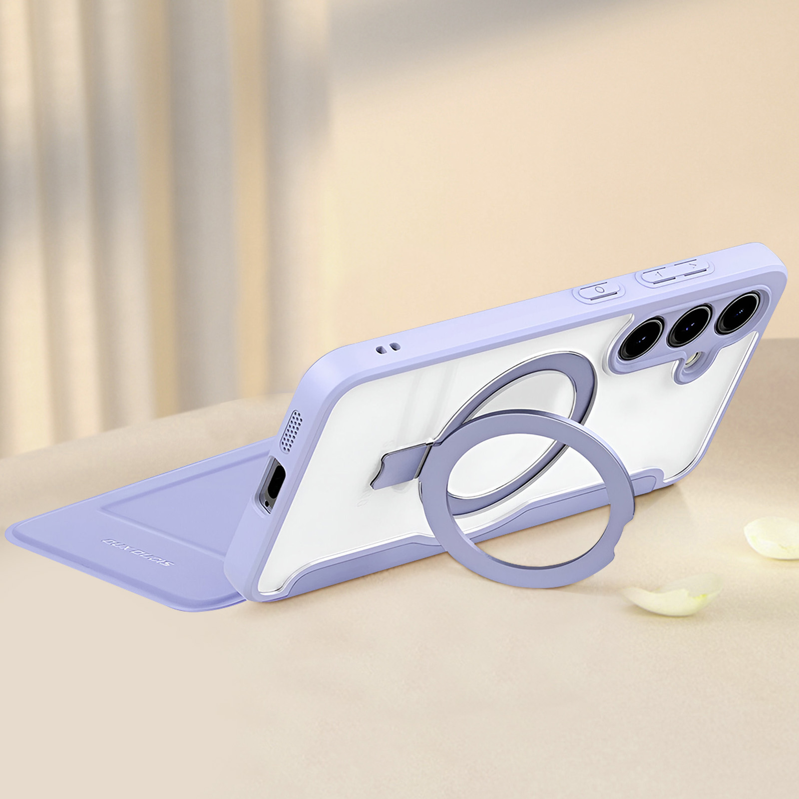 Una custodia per telefono viola con un supporto ad anello e un cavalletto.