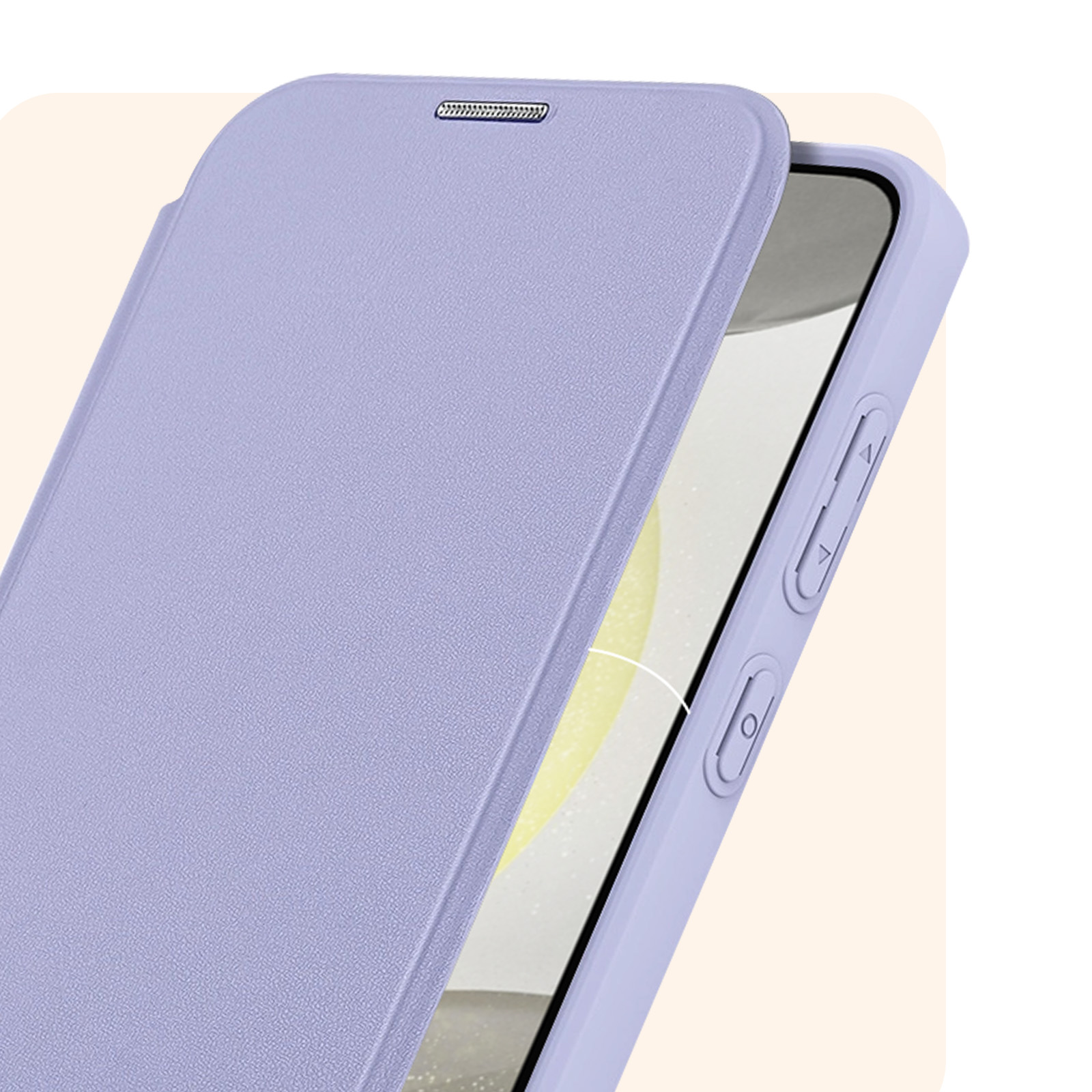 Custodia viola per telefono, aperta, che mostra il lato del telefono e i pulsanti. Sfondo beige.
